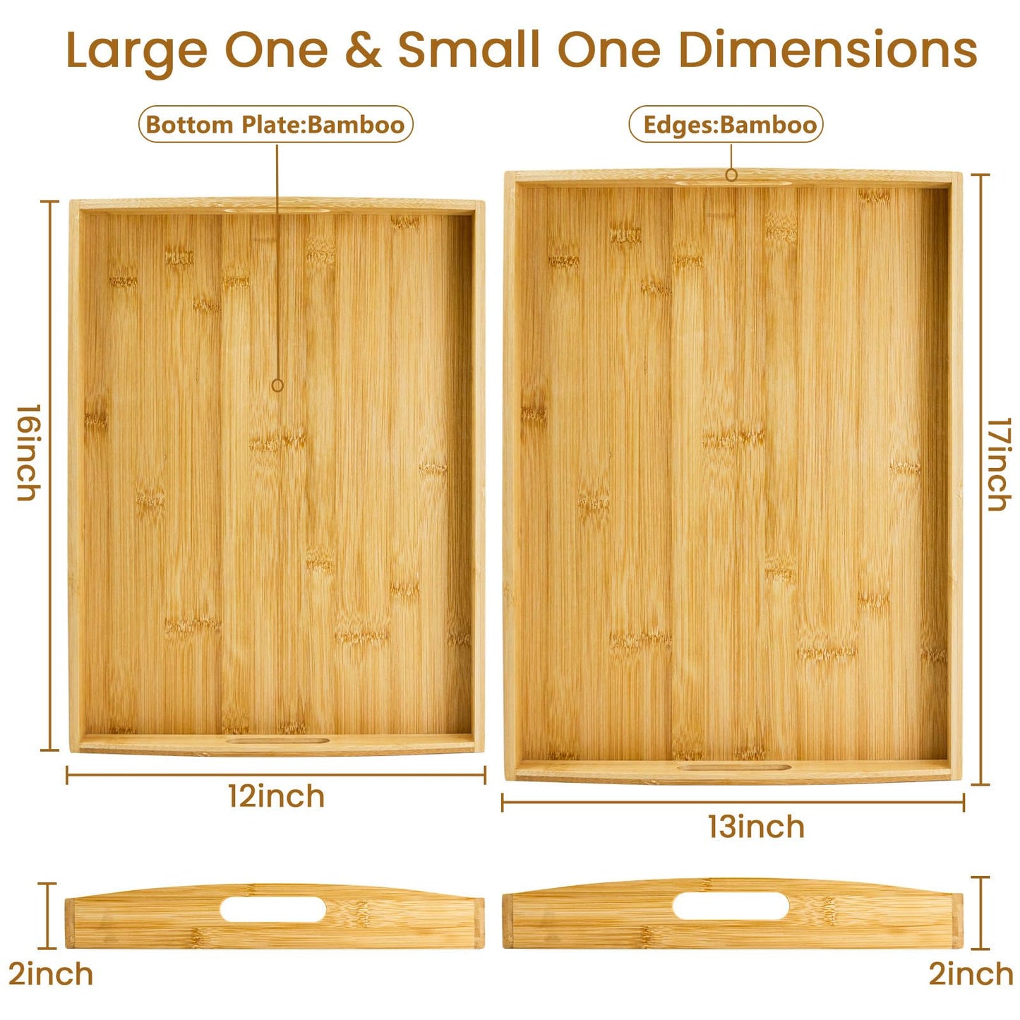 GOLD HONEY Bamboo Serving Tray with Handles Set of 2 - Decorative Wooden Tray for Living Room, Bathroom, Suitable for Used in Bedroom, Kitchen, Coffee Table, Outdoor and Storing - 17x13in, 16x12in