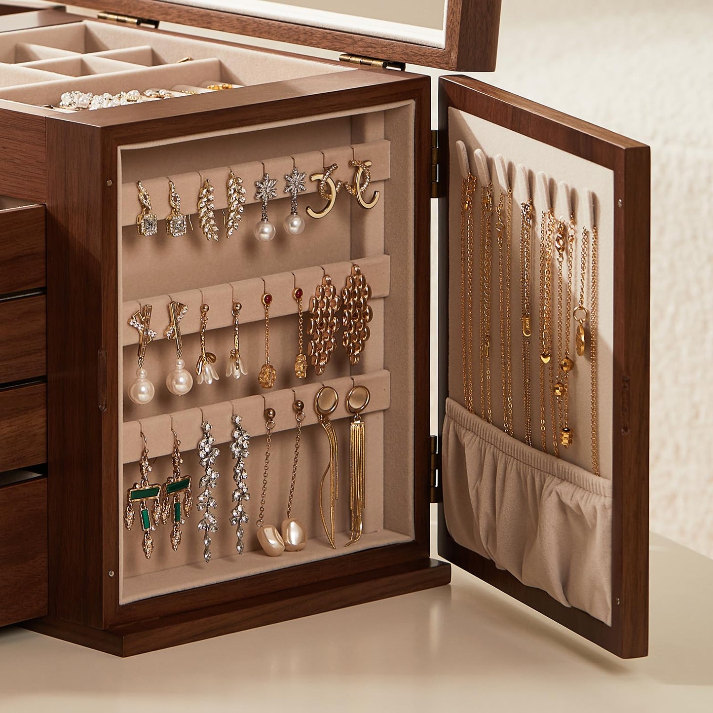 Homruilink Black Walnut Wooden Jewelry Box, Wood Jewelry Organizer with 2 Side Doors Mirror Lockable Classical Style for Watch Necklace Ring Earring Storage Fathers Day Gift-5 Layer