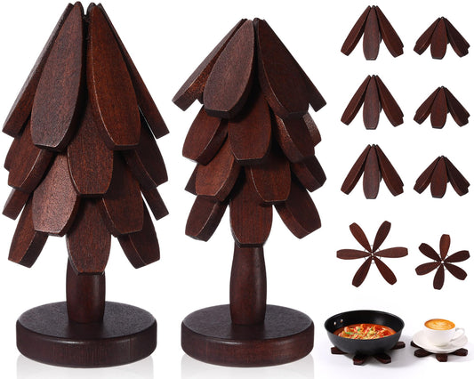 Wonderjune Tree Coasters Set of 8, Wooden Trivets for Hot Dishes, 2 Sizes Foldable Tree Shaped Trivets with 2 Stands, Decorative Kitchen Table Pad Mat Decor for Hot Pots, Pans, Cups(Walnut Wood)