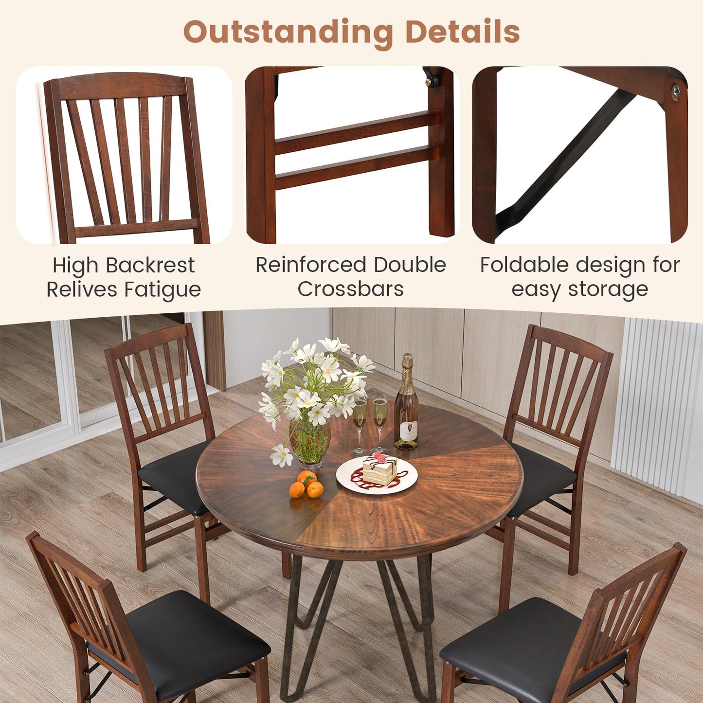 COSTWAY Folding Dining Chairs Set of 2, Upholstered Wooden Dining Room Chairs with PVC Padded Seat, Solid Wood Frame and 400LBS Capacity for Kitchen Apartment (Black & Brown)