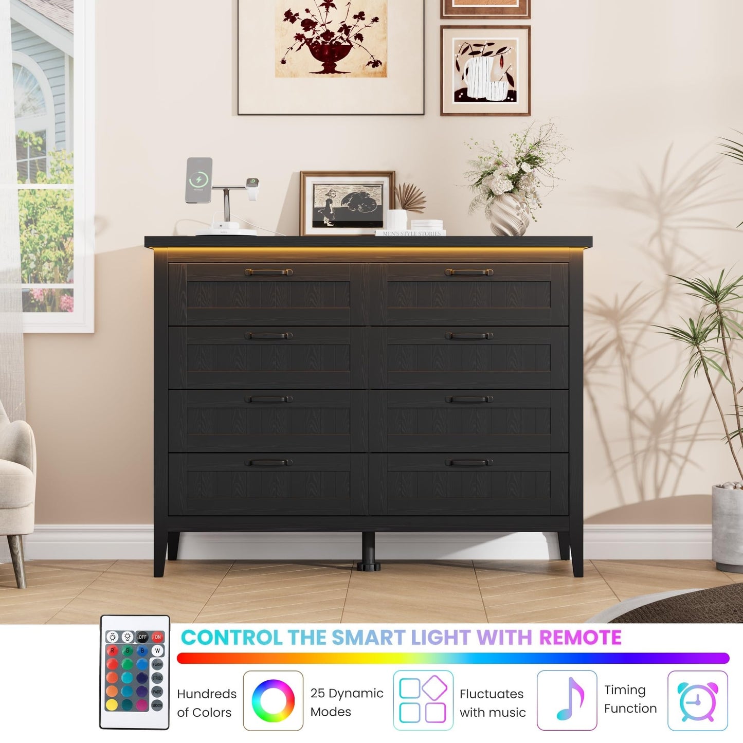 IDEALHOUSE 8 Drawer Dresser with Charging Station & LED Lights