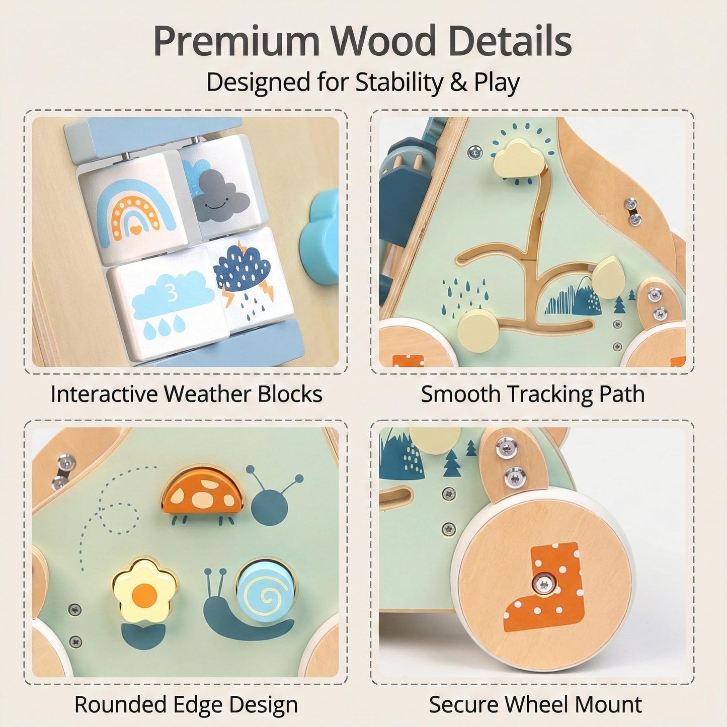 PairPear Wooden Baby Walker, Baby Activity Push Walker Toys