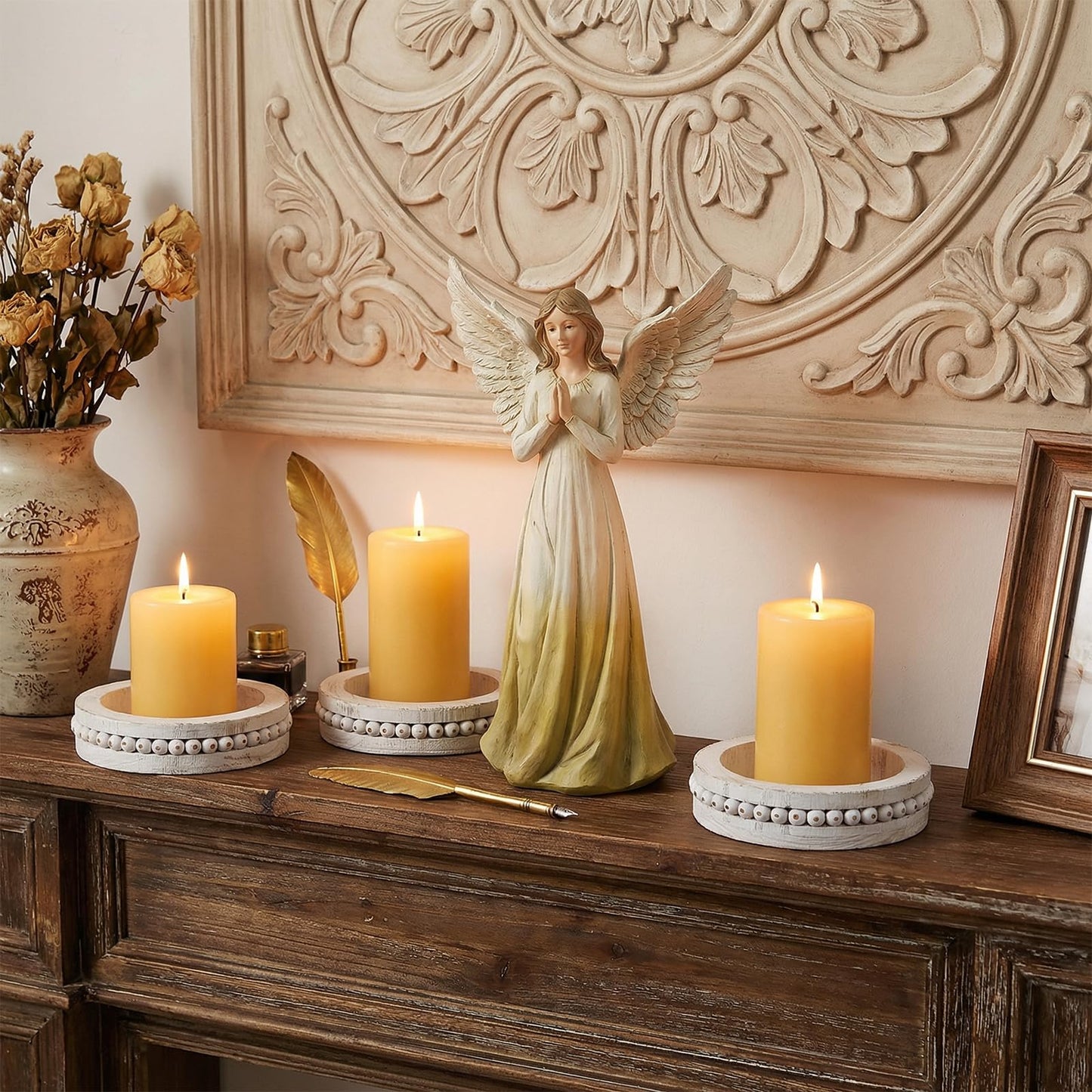 Candle Holder for Pillar Candles Set of 3 Farmhouse Wood Candle Holders Rustic Wooden Candle-Stand Decorative Wood Candlestick Holdersfor Living Room, Table Centerpiece Dining Fireplace(White)