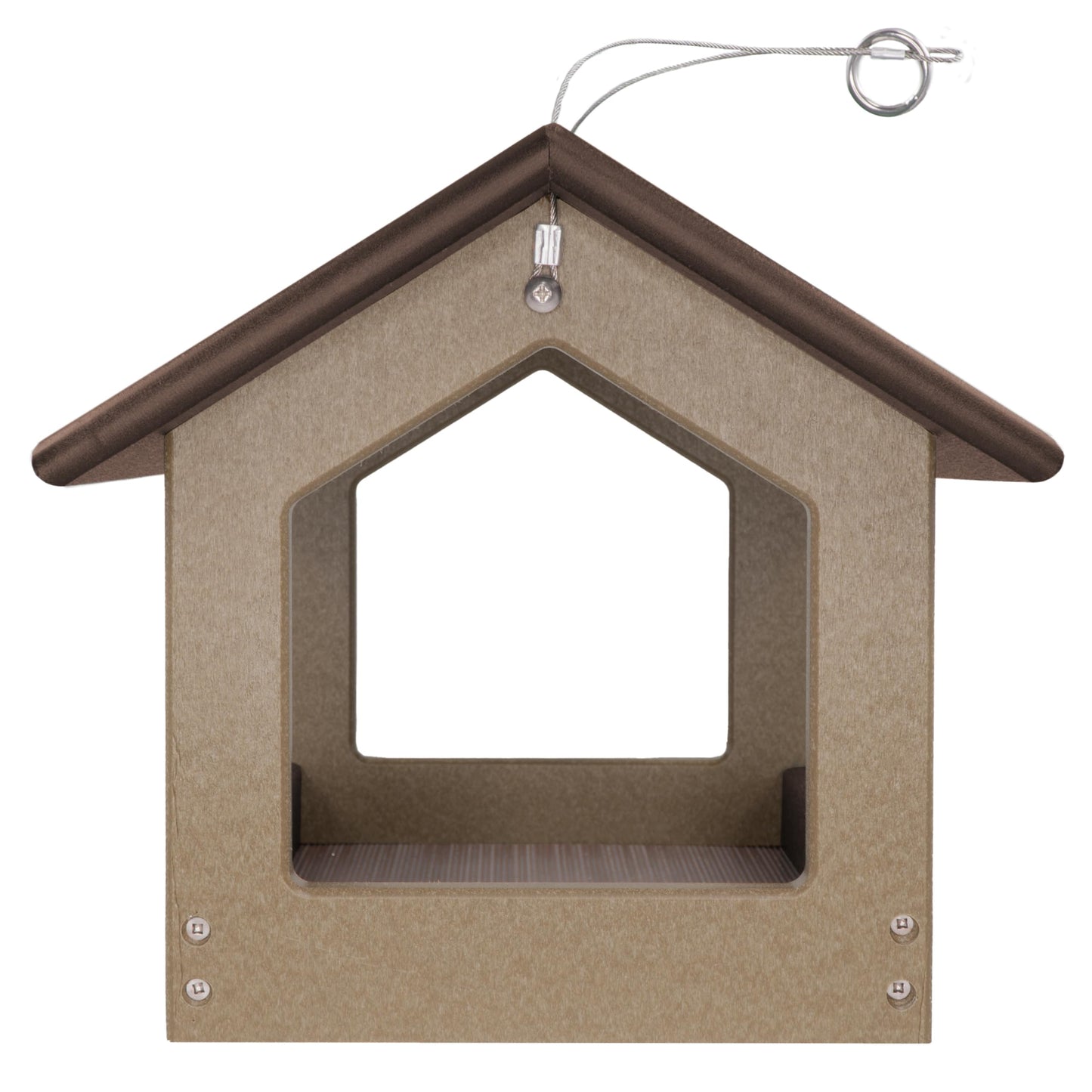 DutchCrafters Amish USA Made Recycled Plastic Large Hanging Modern Fly Through Covered Roof Open Platform Tray Bird Feeder for Outdoors, Garden, Yard (Tudor Brown & Weatherwood)