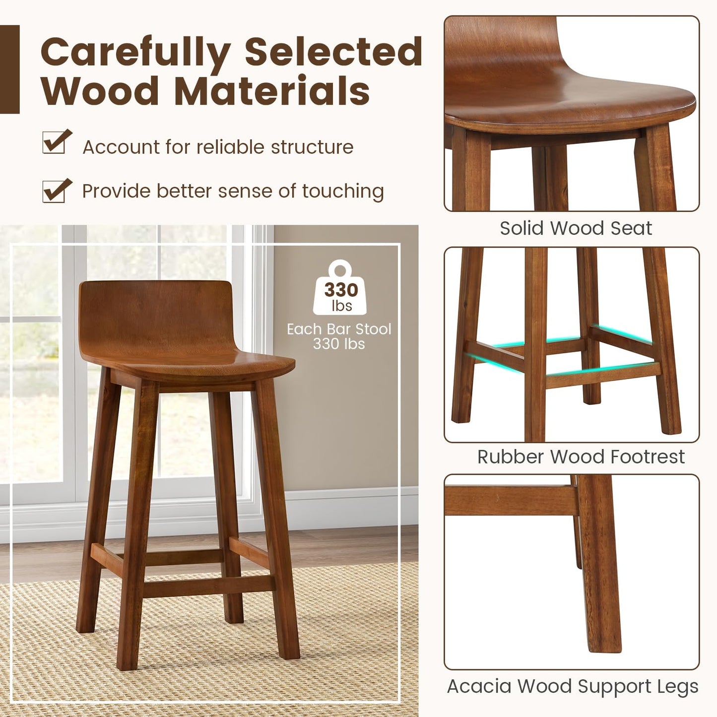 Giantex 24.5" Bar Stools Set of 2, Counter Height Bar Stools w/Low Back & Footrest, Farmhouse Wooden Bar Dining Chairs, Armless Wood Barstools for Kitchen Island, Pub, Kitchen, Cafe, Breakfast, Brown