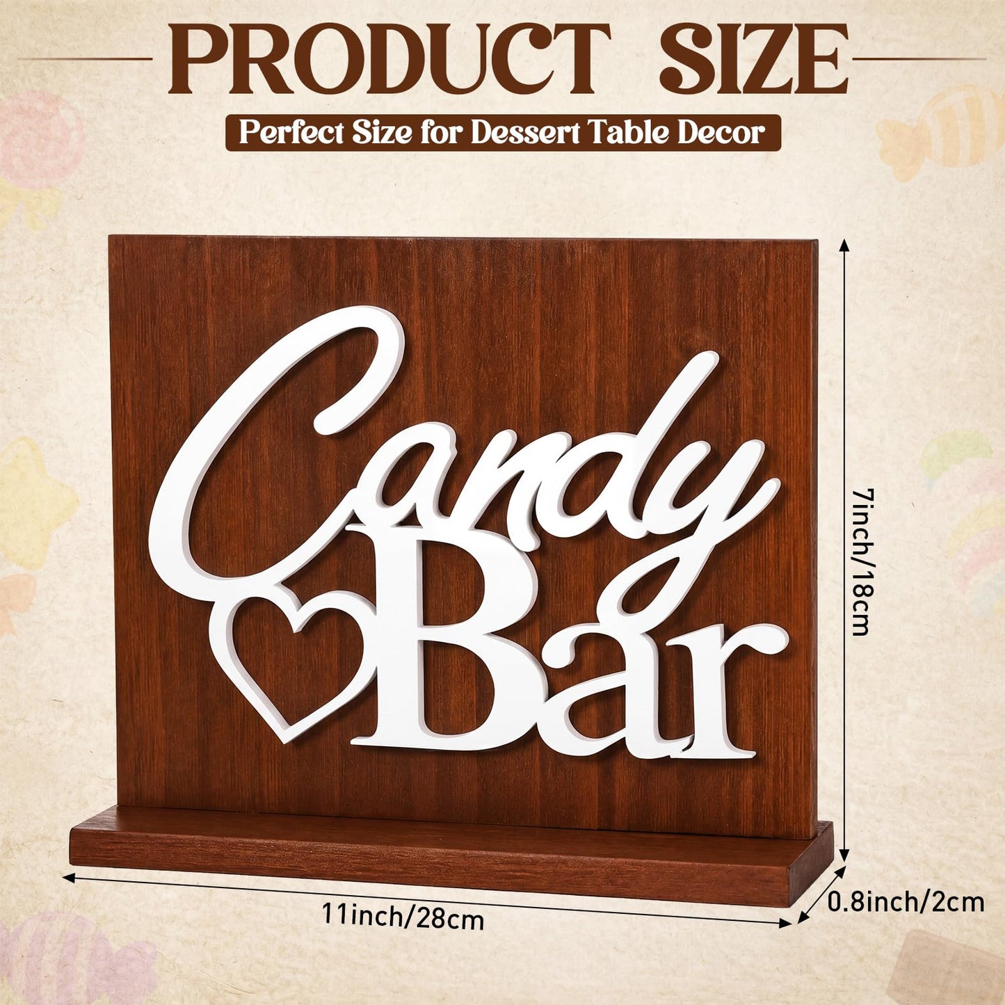 Novabright Candy Bar Wooden Sign with Rustic Wood Backboard & Stable Base, Freestanding Sweet Candy Bar Dessert Table Decor, Centerpiece with Stand for Wedding, Birthday, Bridal Shower & Party