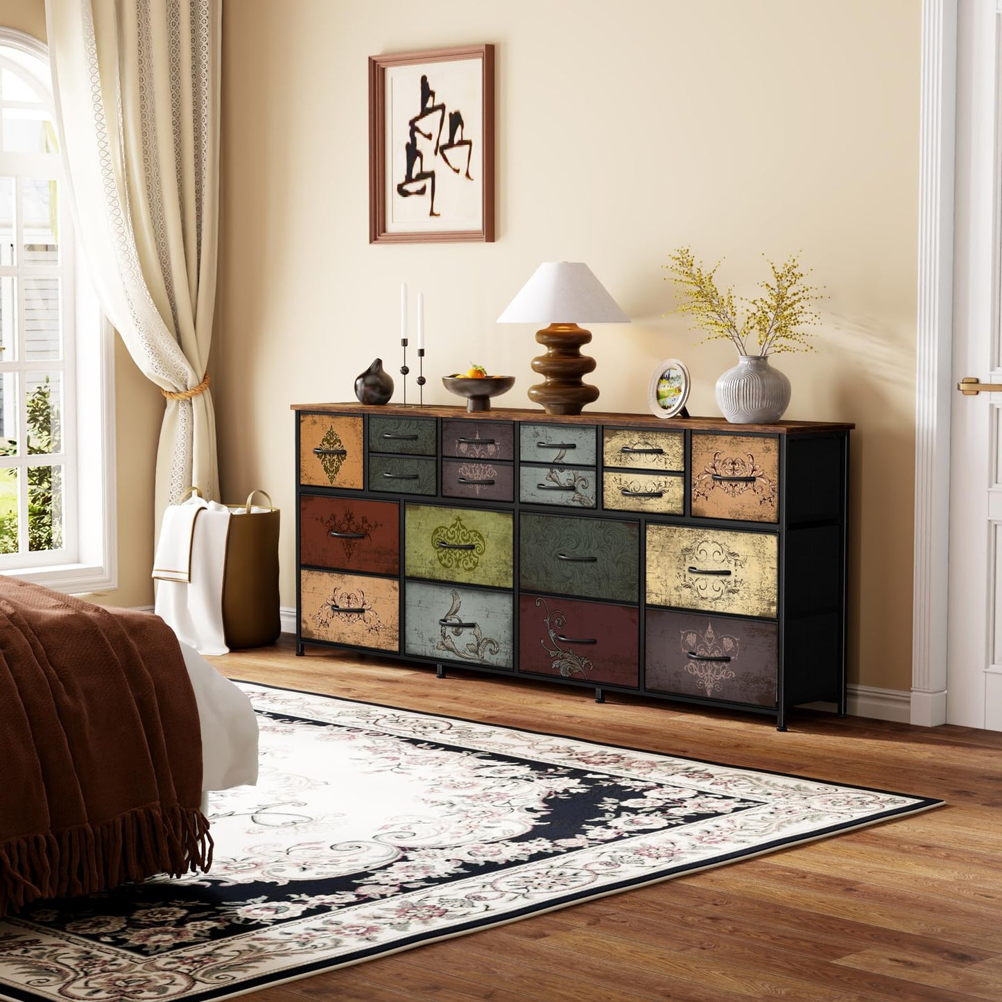VASICAR 74.8" W Dresser for Bedroom, Wide TV Stand for 65, 75, 80 inch TV, Long Fabric Dresser with 18 Deep Drawers, Large Storage Organizer Cabinet, Wood-top Chest of Drawers (Pattern)