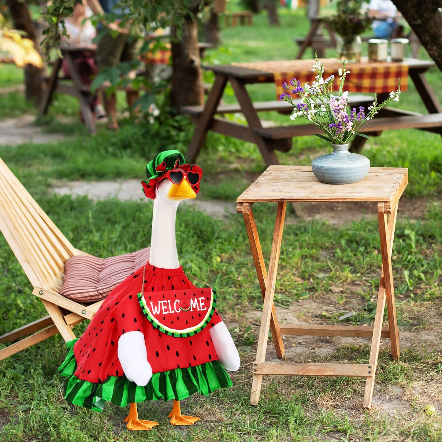 Sunnymove Summer Watermelon Porch Goose Outfits Summer Dress with Frilled Hat & Skirt Welcome Wooden Sign Fits 23" Cement Goose Statue Outdoor Garden Yard Patio Lawn Decor(Watermelon)