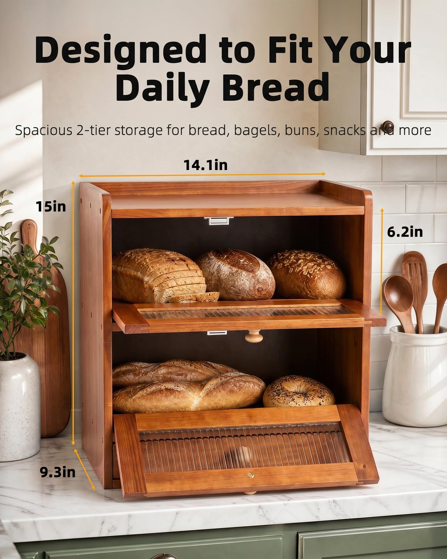 Natapai Wooden Bread Storage Box For Kitchen Countertops, Double-Layered Large-Capacity Bread Box With Acrylic Viewing Window And Cutlery Storage Box-Cherry Wood Color