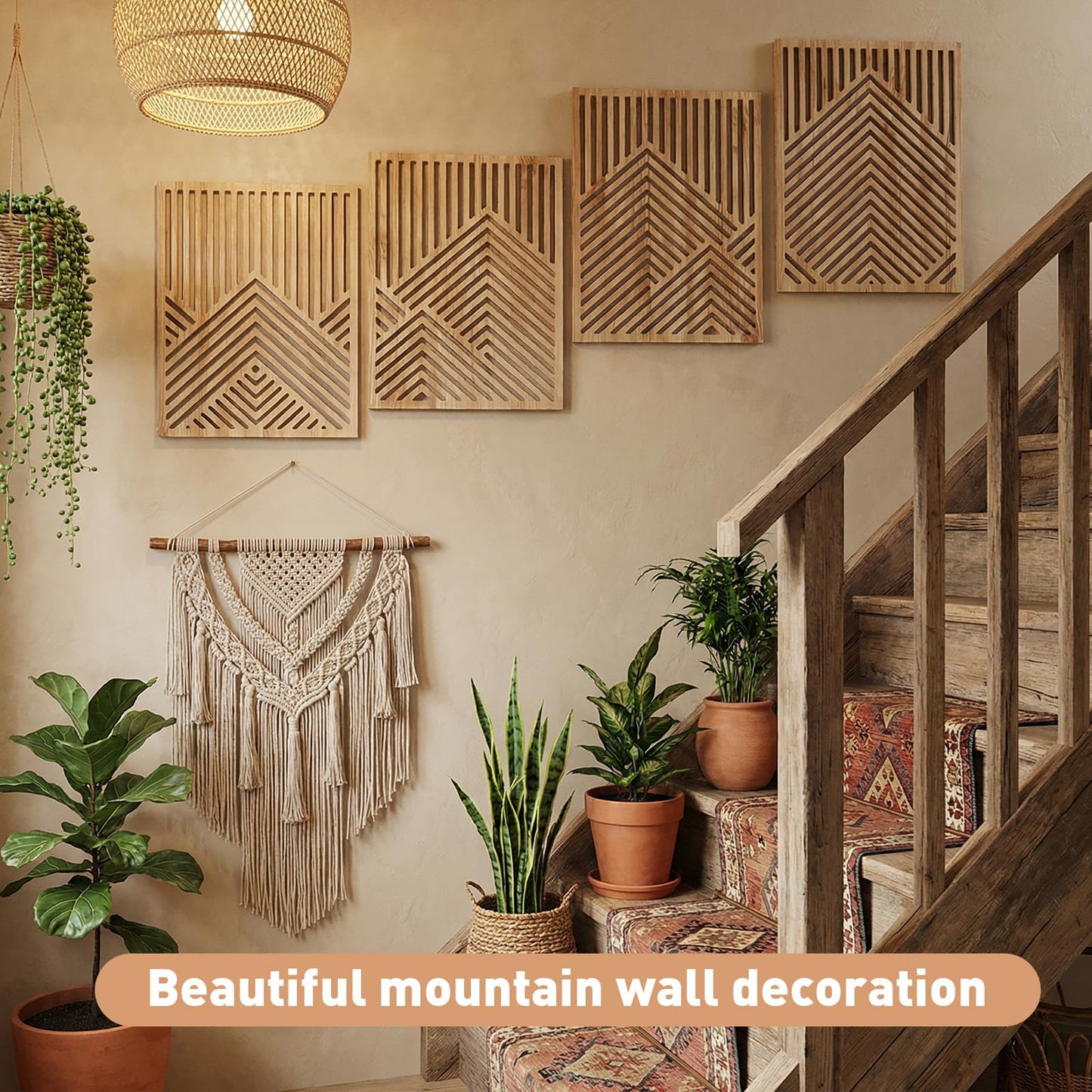 Wesiti 4 Pcs Wooden Mountain Wall Art Decor Large Abstract Wall Art for Living Room Modern Wood Panel Line Sculptures Nature Rustic Forest Hanging Decor for Office Bedroom Bathroom 15.7 x 12.2''
