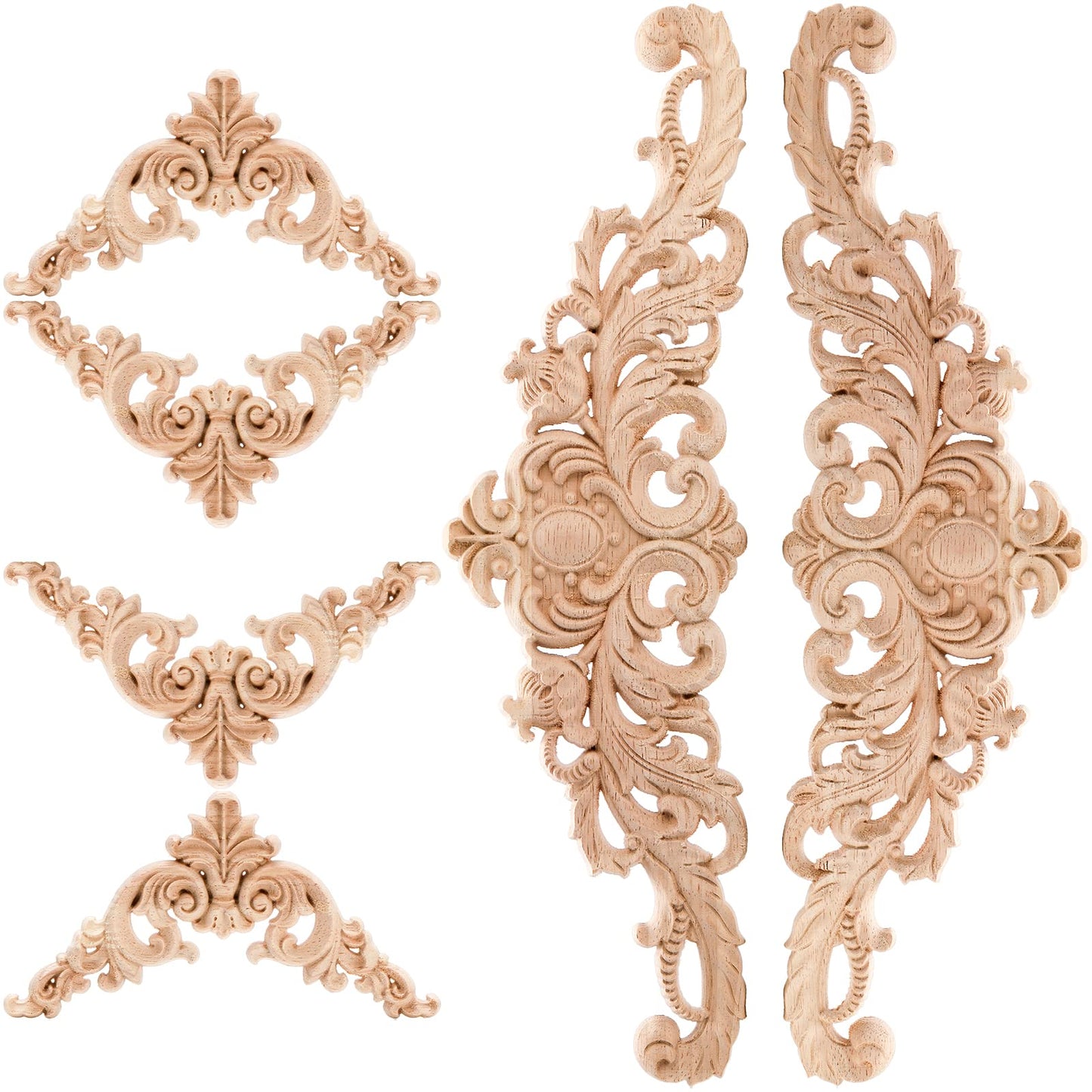 Coloch 12 Pieces Wood Appliques Onlays, Decorative Wooden Applique Trim Carved Unpainted DIY Onlay for Bed, Door, Cabinet, Dresser, Wardrobe, Furniture Decoration, 2 Sizes