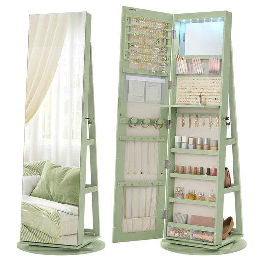 SONGMICS 6 LEDs Lockable Mirror Jewelry Cabinet, 360° Swivel Jewelry Organizer Armoire Standing, Frameless Full-Length Mirror, 3 Storage Shelves, Laurel Green Surface, Cream White Lining UJJC007C01