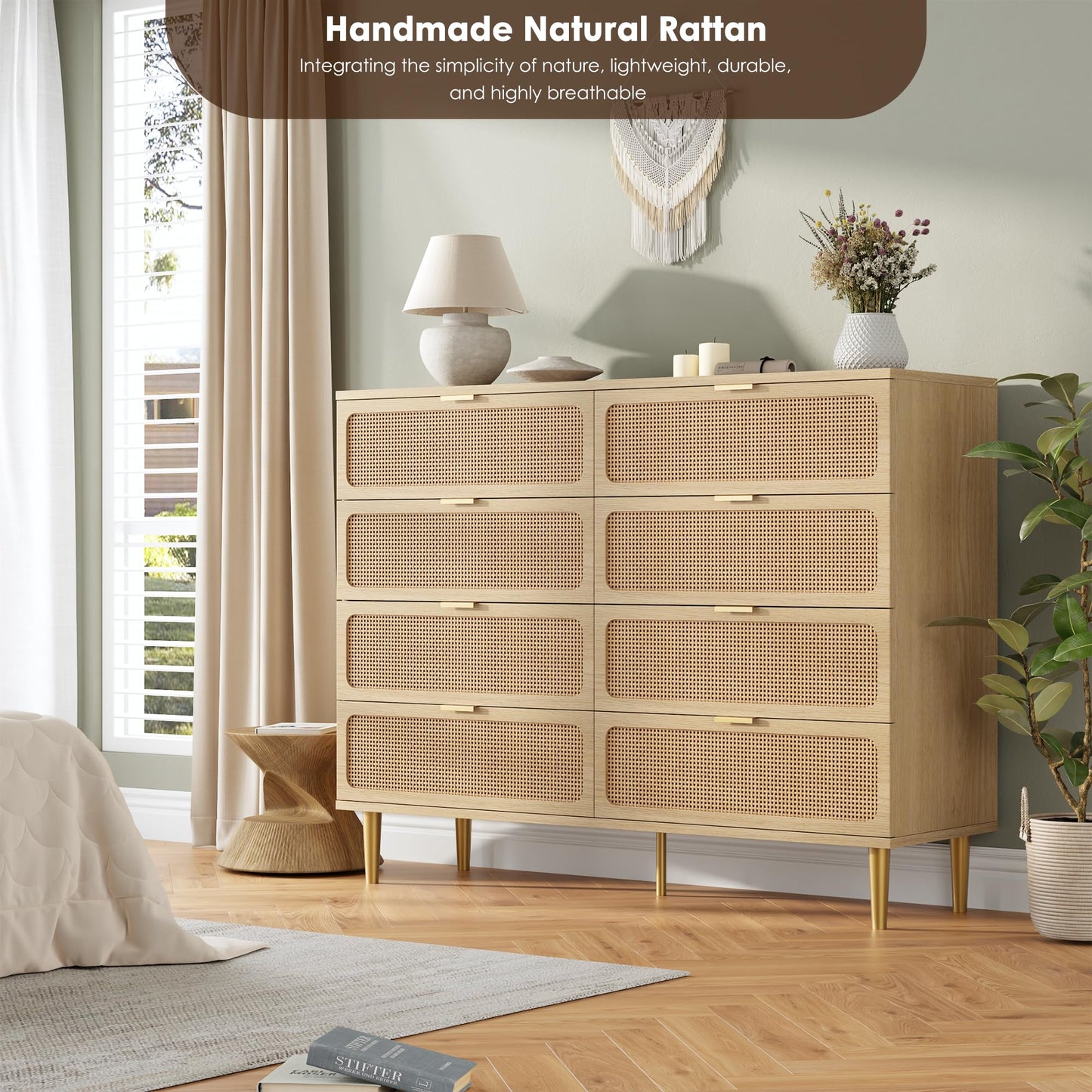 GarveeHome Rattan 8 Drawer Dressers for Bedroom, Tall Dresser with Deep Drawers, Large Chest of Drawers for Closet with Wide Top, Long Wooden Dresser for Living Room, Hallway, Kids Room, Natural