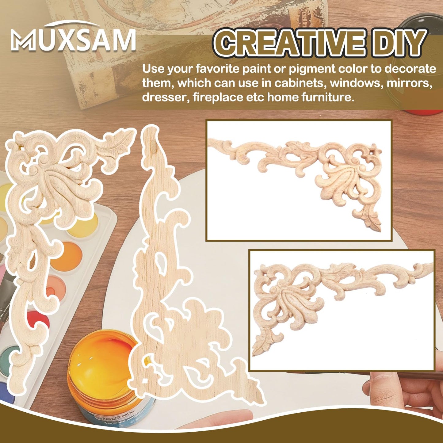 MUXSAM 1-Pair Wood Carved Onlays, 20x10cm/7.87"x3.94", Left&Right Decorated Furniture Appliques, Wooden Carving Corner Decals for Cabinet Drawer Cupboard Dresser Mirror Door Wall Bed DIY Projects