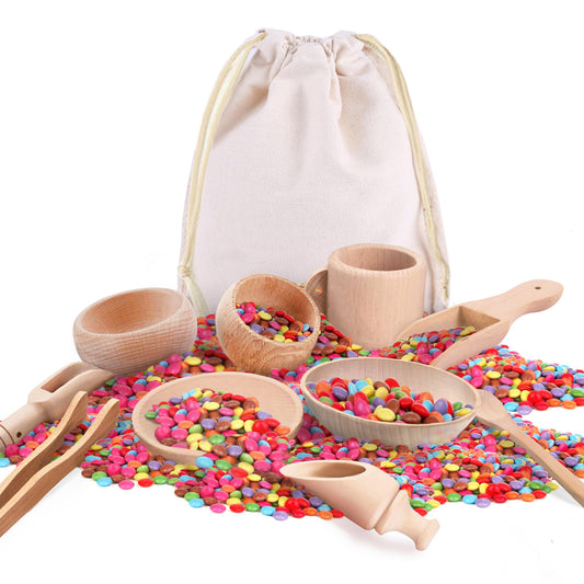 Yowlieu 10 Pcs Wooden Sensory Bin Tools for Toddlers & Preschool Children, Montessori Sensory Wooden Toys Fine Motor Learning Pretend Play Sensory Tools for Kids