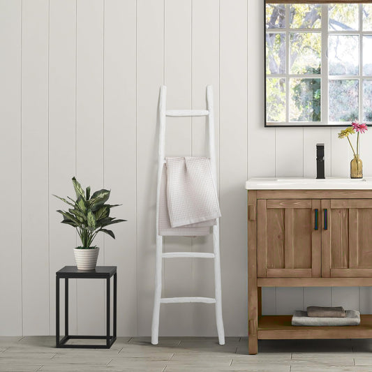 LuxenHome Rustic Blanket Ladder, 59'' White Solid Wood 5-Rung Blanket Ladder, Boho Furniture for Living Room, Bathroom Towel Rack Home Decor Accessories, Towel Stand