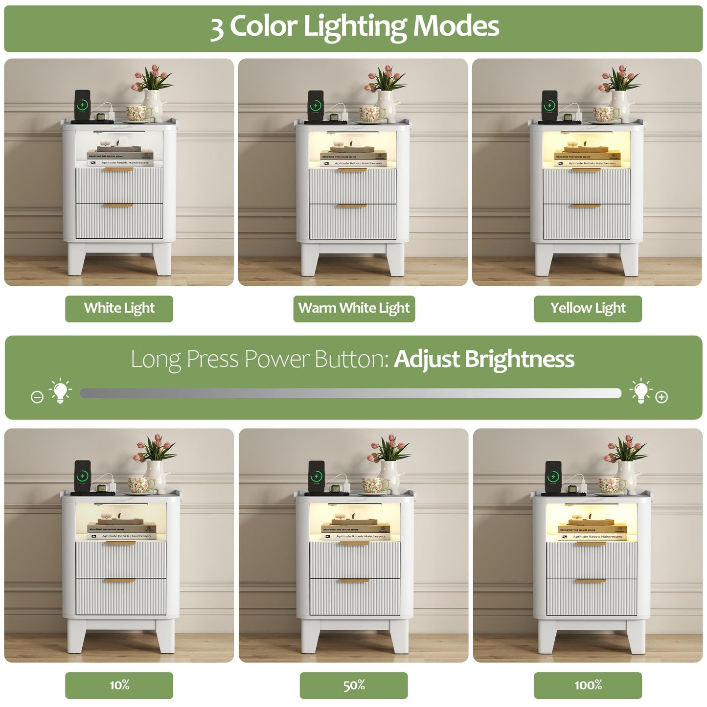 Turosur Night Stand with Charging Station, Fluted Nightstand with 2 Drawers and LED Light, Wood Bedside Table with Open Storage for Bedroom, White