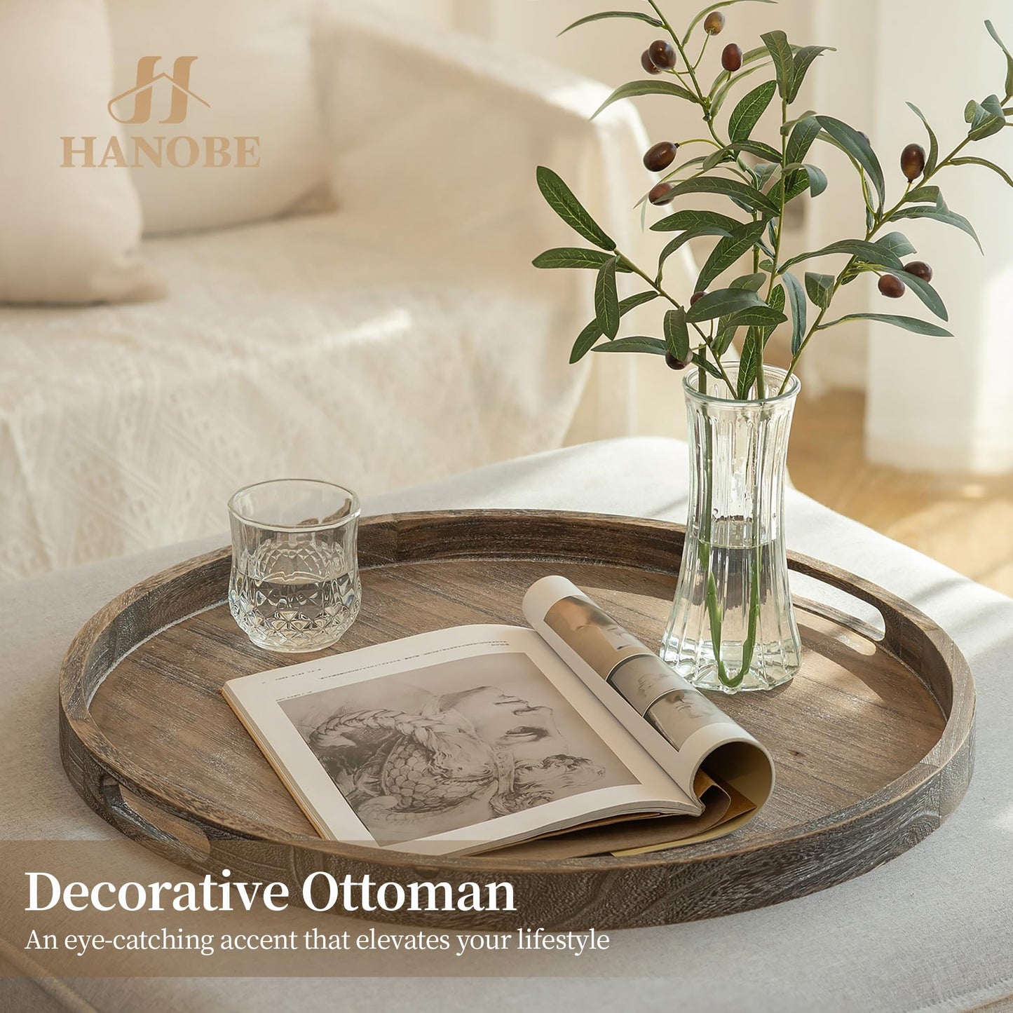 Hanobe Ottoman Tray for Living Room: 22" Decorative Wooden Trays with Handles for Living Room Home Decor Farmhouse Rustic Round Topper for Coffee Table