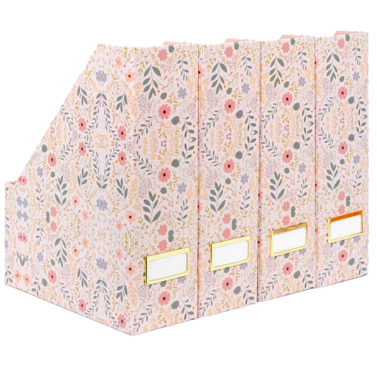 BLU MONACO | Cardboard Magazine File Holder Set of 4 | Standing File Holder with Floral Boho Design | Foldable Cardboard Bins for Shelves Desk Office Storage