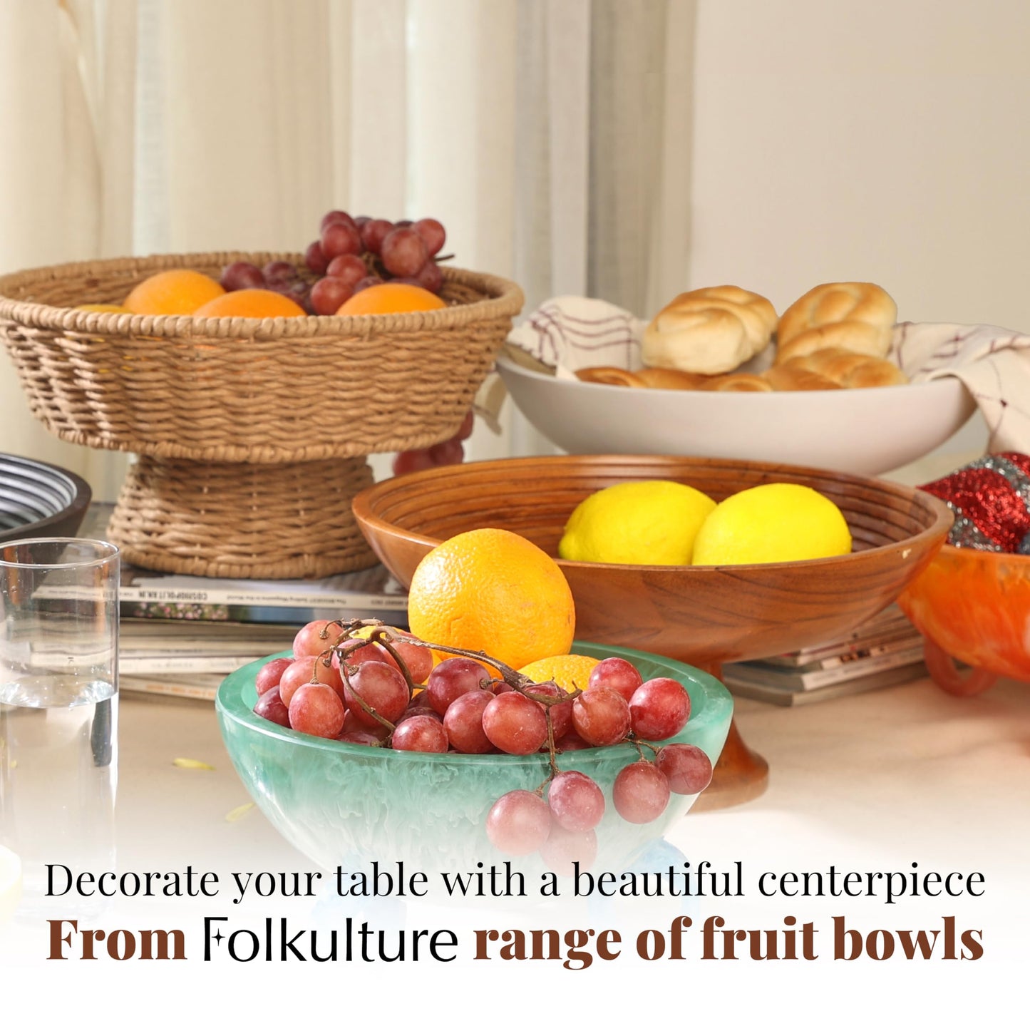 Folkulture Wooden Fruit Bowl for Kitchen Counter | 12" Large Premium Eco Friendly Banana Fruit Basket for Kitchen | White Wood Bowl with Holder, Pedestal for Table Decor, Centerpiece for Dining Table