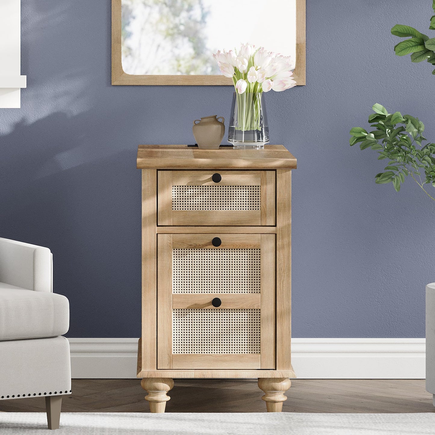 WAMPAT Farmhouse End Table with Charging Station, Rattan Side Table with Drawer & Storage Cabinet, Wooden Oak Nightstand with Power Outlets & USB Ports for Living Room, Bedroom, Burlywood