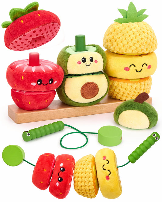 hahaland Stacking Rings Baby Toy - Soft Sorting & Stacking Fruits with Wooden Stacker, Threading Toy 12 Months+ Developmental Color Matching Montessori Toys 1 Year Old Boy 1st Birthday Girl Gifts
