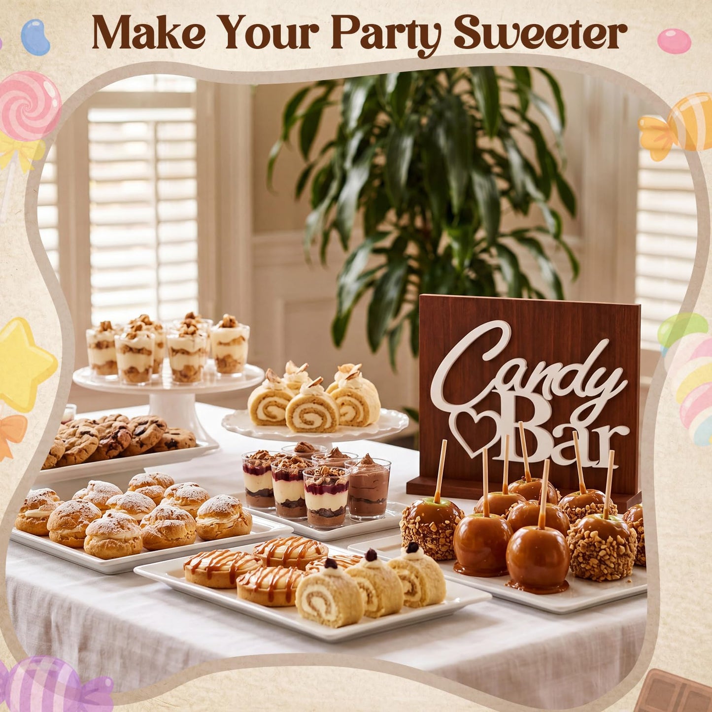 Novabright Candy Bar Wooden Sign with Rustic Wood Backboard & Stable Base, Freestanding Sweet Candy Bar Dessert Table Decor, Centerpiece with Stand for Wedding, Birthday, Bridal Shower & Party