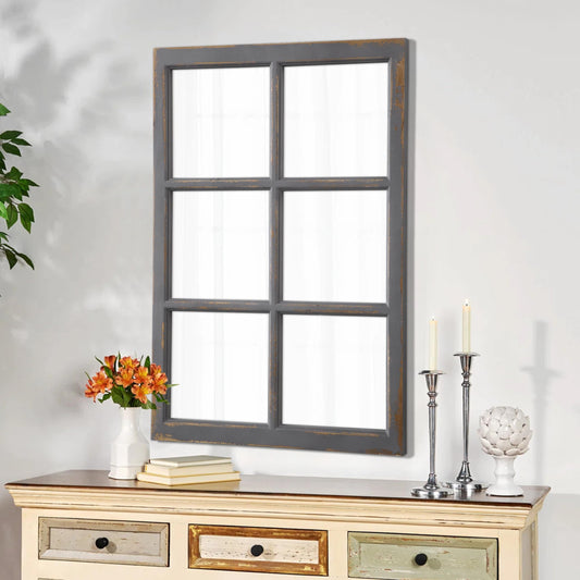 Sintosin Farmhouse Windowpane Mirror 36 X 24 Inch, Hanging Distressed Wood Frame Rectangle Grey Mirror, Rustic Gray Window Mirrors for Wall Decor Living Room Hallway Kitchen, Horizontal or Vertical