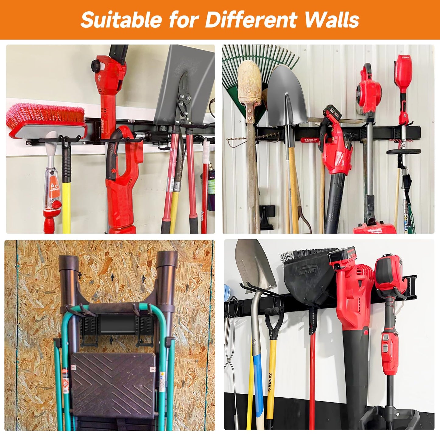 WEZAFO Garage Tool Organizer Wall Mount, Heavy Duty 48 Inches Garage Organization and Storage Racks for Yard Tools with 6 Hooks, Tool Hangers Holders for Hanging Folding Chair, Rake and Shovel