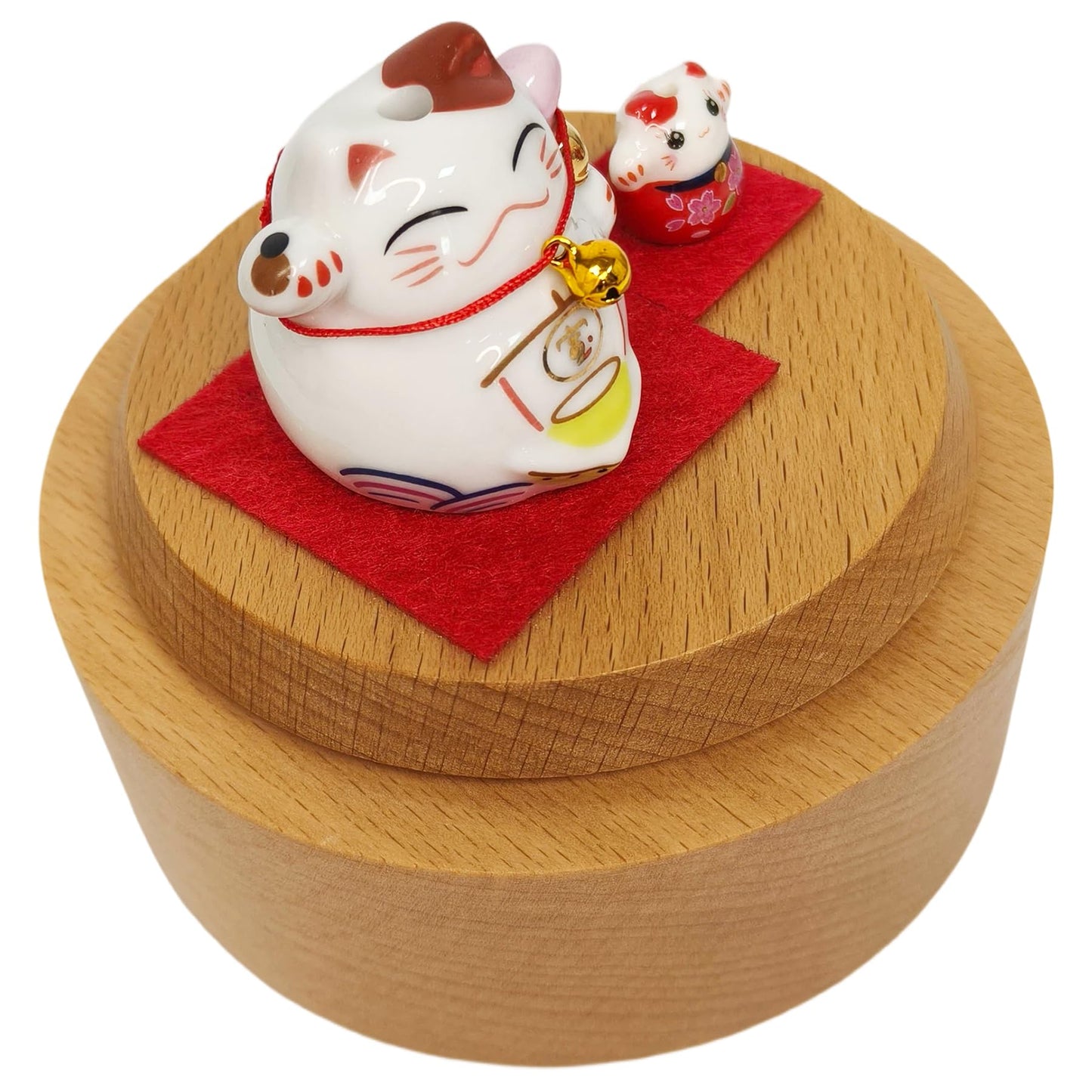 Briskfeel Rotating Lucky Cat Music Box | Ceramic Maneki Neko Figurine on Wooden Base Musical Box | Feng Shui Wealth & Prosperity Decoration | Desk Decor Good Fortune Gift (Lucky Cat)