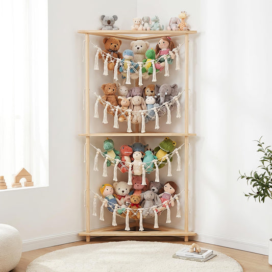 YKBU Wooden Corner Stuffed Animal Storage Organizer, 4-Tier Boho Macrame Toy Hammock Display Shelf, Free-Standing Open-Access Teddy Bear Zoo Holder for Nursery, Playroom & Kids Bedroom