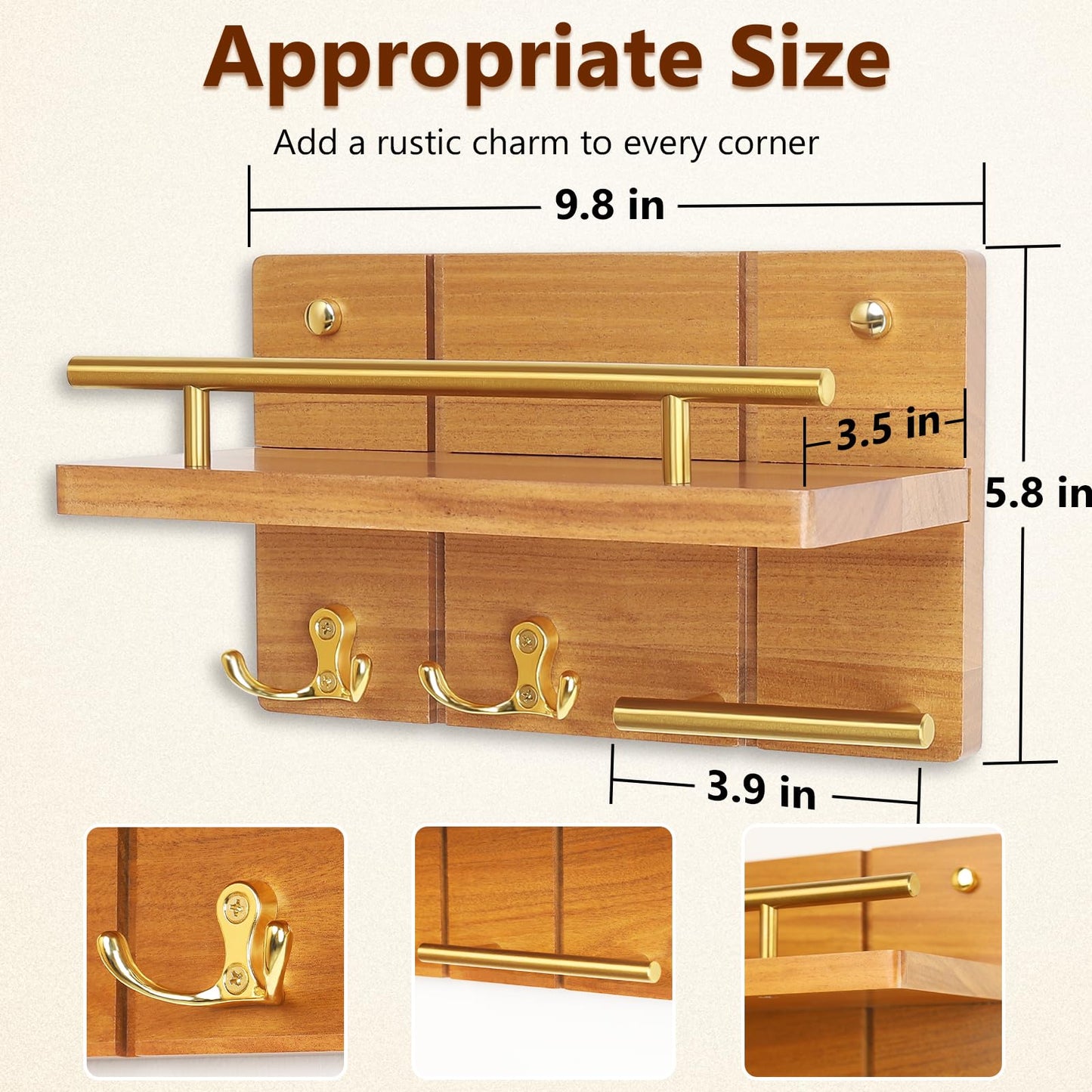 Fopeat 9.8" Teak Wood Key Hooks for Wall, Solid Wood Key Holder Wall Mount, Decorative Mail Organizer with Key Rack and Shelf, Rustic Home Decor for Entryway Living Room Bathroom Bedroom