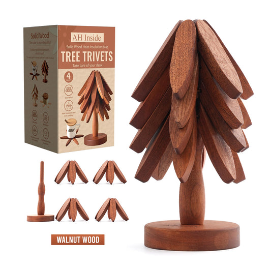 AH Inside Wooden Tree Trivet Set of 4 – Wood Trivets for Hot Dishes, Natural Wooden Pot Holders, Tree Coasters, Heat-Resistant Kitchen & Dining Decor.