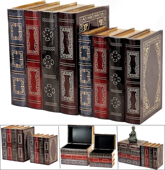 Bellaa Decorative Book Box Set of 2 - Vintage Wooden Bookends with Secret Hidden Storage - Heavy Duty Antique Style Shelf Organizer - Faux Leather 25419