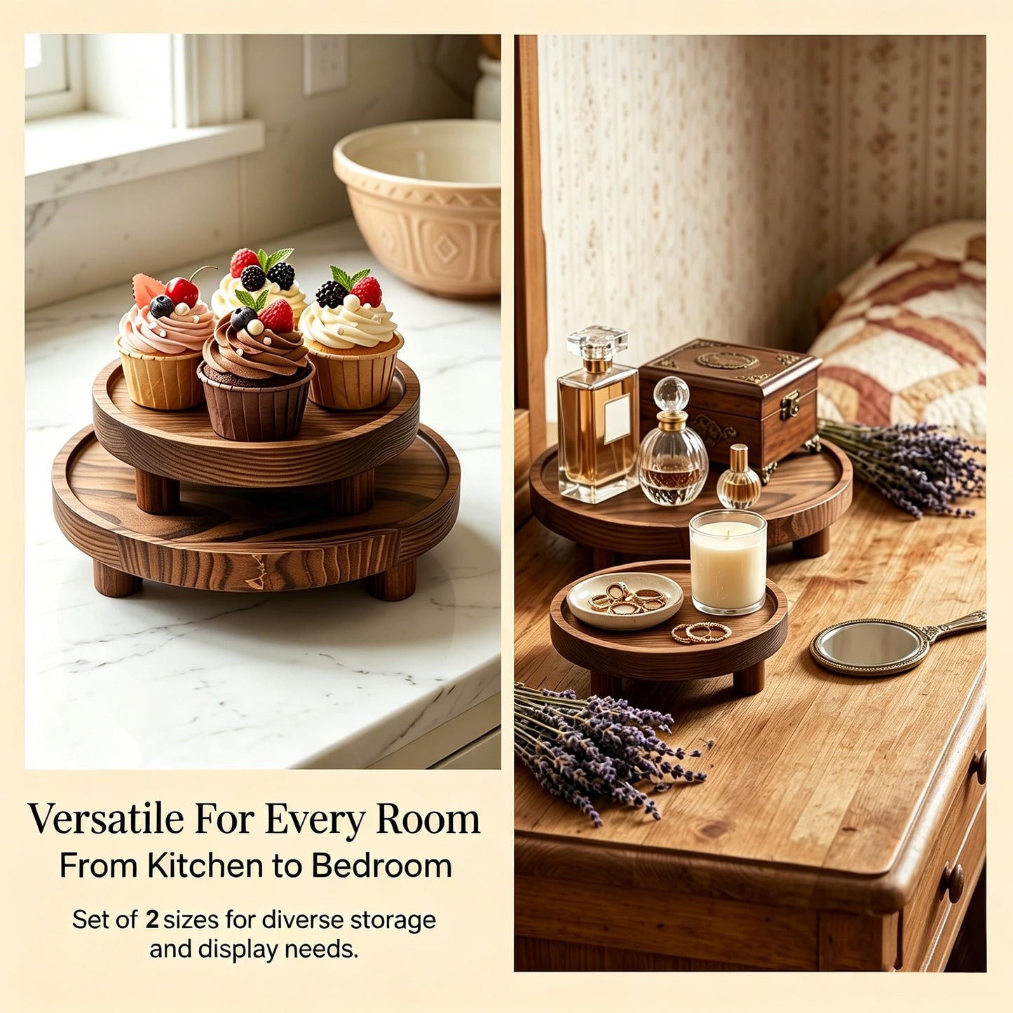 Knowearth 6 PCS Wooden Risers for Display Wood Pedestal Stand Round Mini Tray Stand Rustic Riser Tray Tiered Tray Decor for Party, Wedding, Birthday, Baby Shower (6/8 in)
