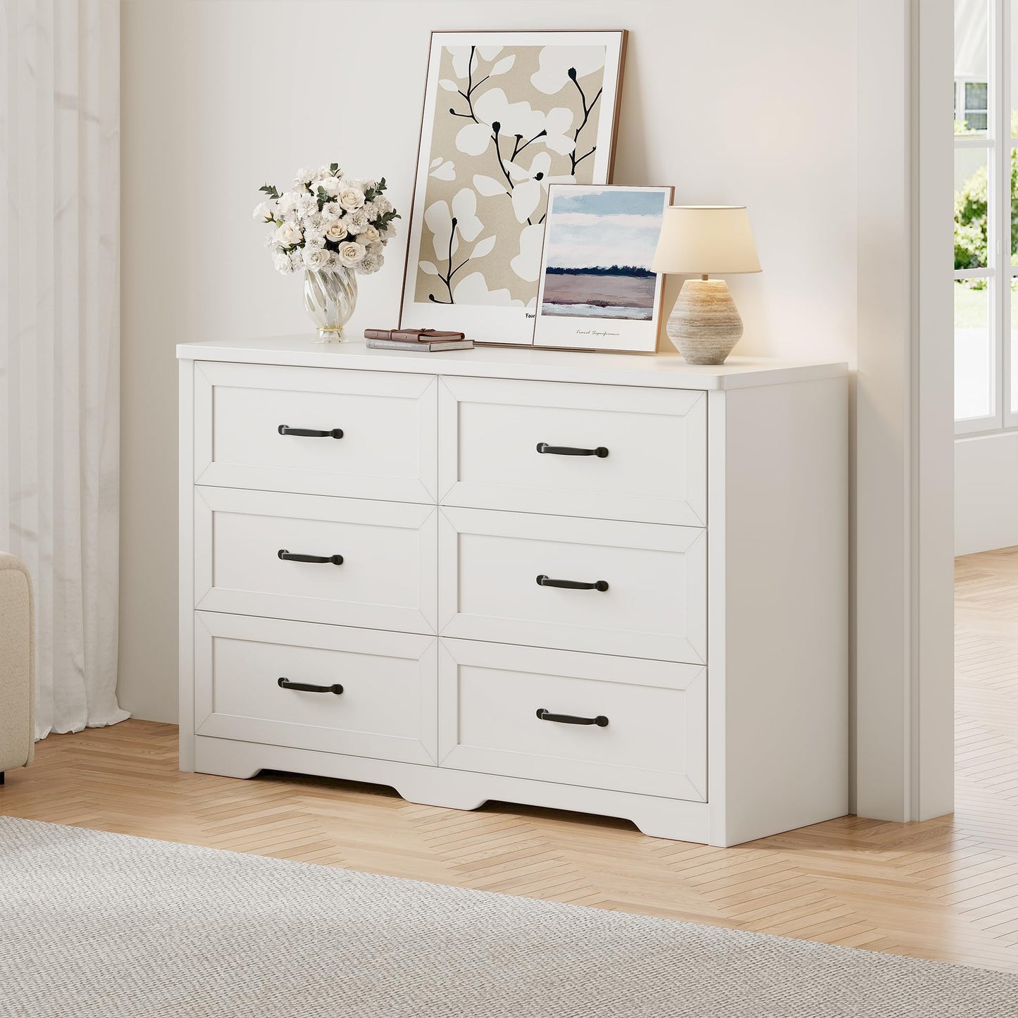 Ball & Cast Farmhouse 6 Drawer Dresser for Bedroom, 47" W Modern Chest of Drawers with Metal Handles, Wood Dresser TV Stand, Dresser Drawer Organizer for Closet, Living Room,Hallway,White