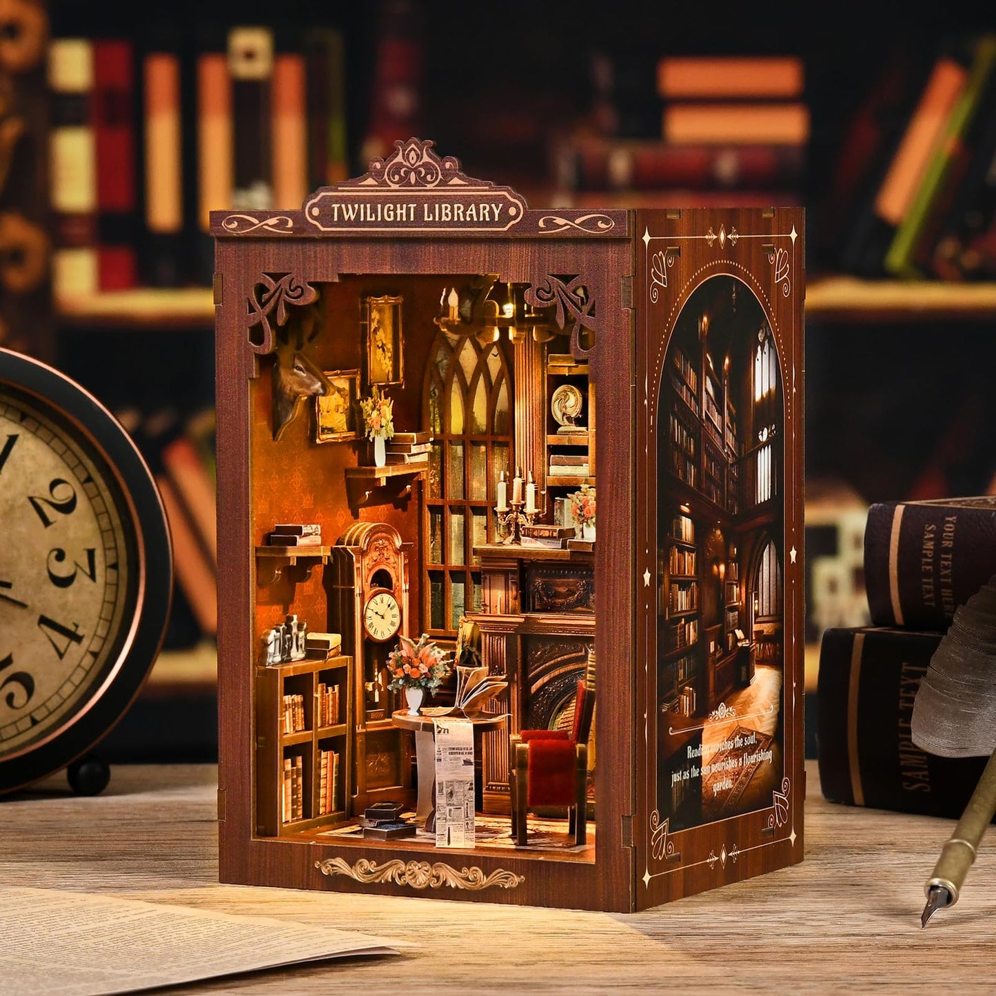 KLEVVO DIY Book Nook Kit, Wooden Miniature Booknook Kit with LED Light, 3D Wooden Bookend Model Building Kit, Handmade Book Nook Gift for Adults Teens Beginners【Micro Light Book Pavilion】