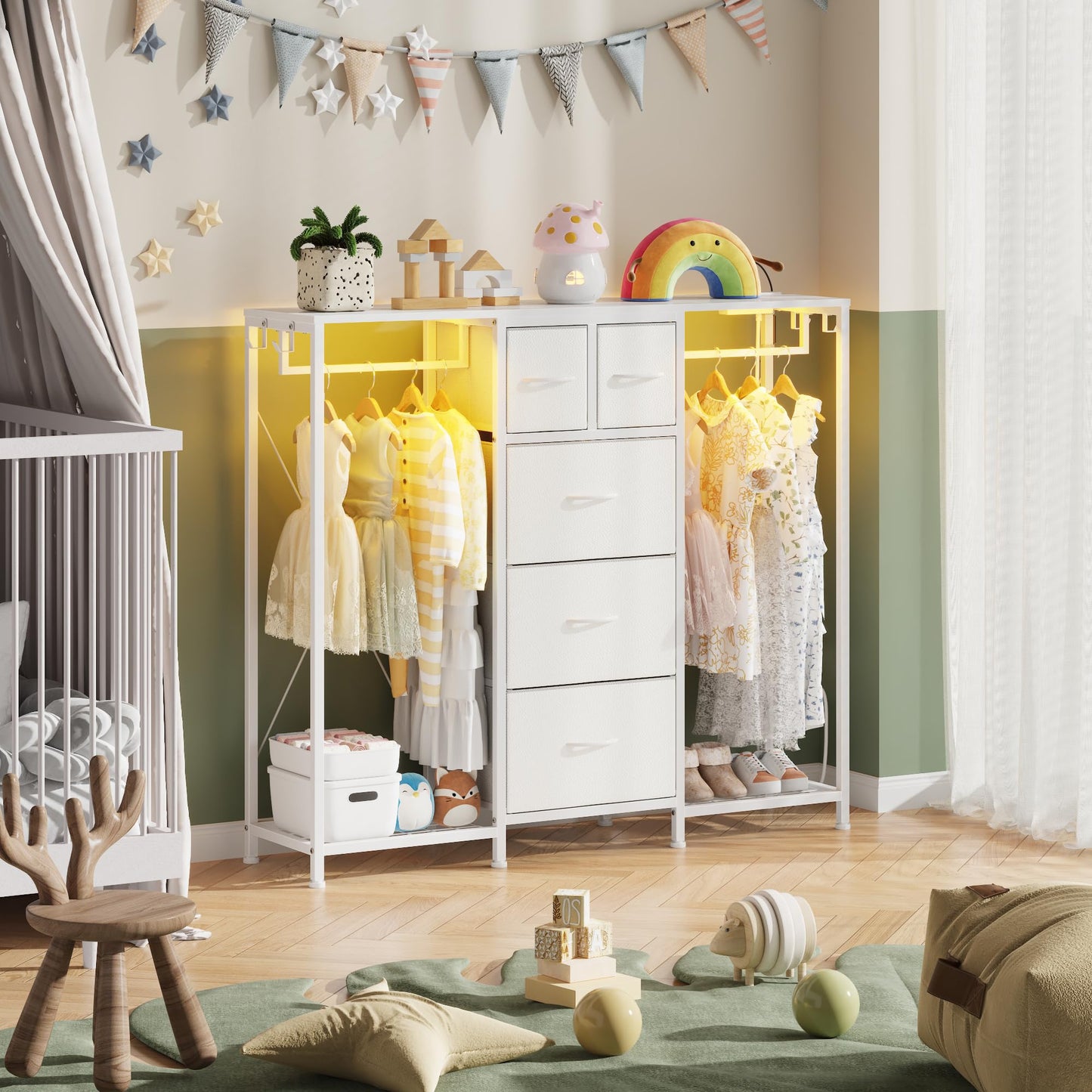 HIGDBFE 5-Drawer Dresser with 2 Hanging Racks, White, 49.2" W