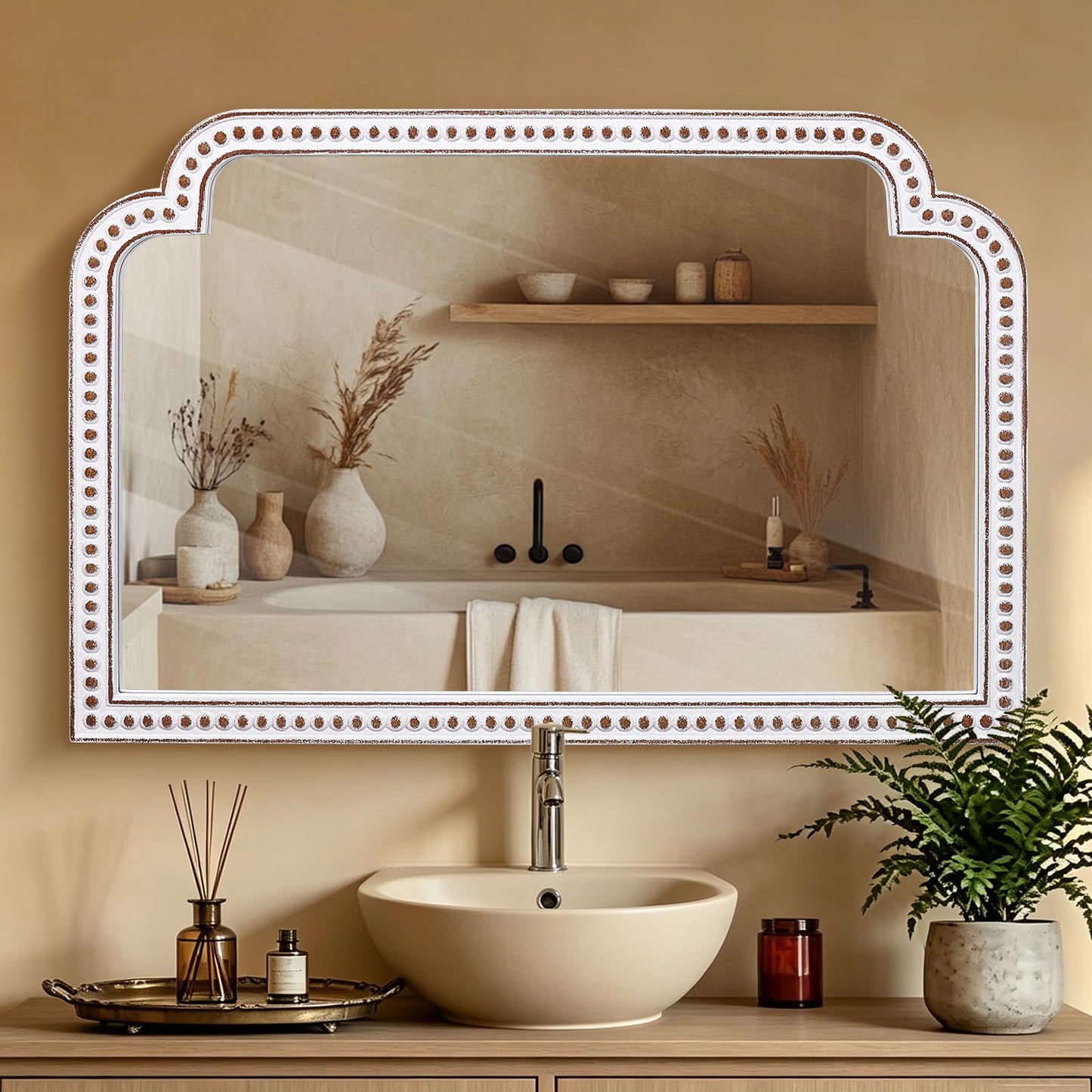 24x36 Inch Ornate Scalloped Arch Mirror, Wooden Antique Beaded Wall Mirrors