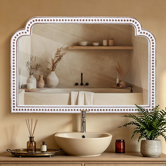 24x36 Inch Ornate Scalloped Arch Mirror, Wooden Antique Beaded Wall Mirrors