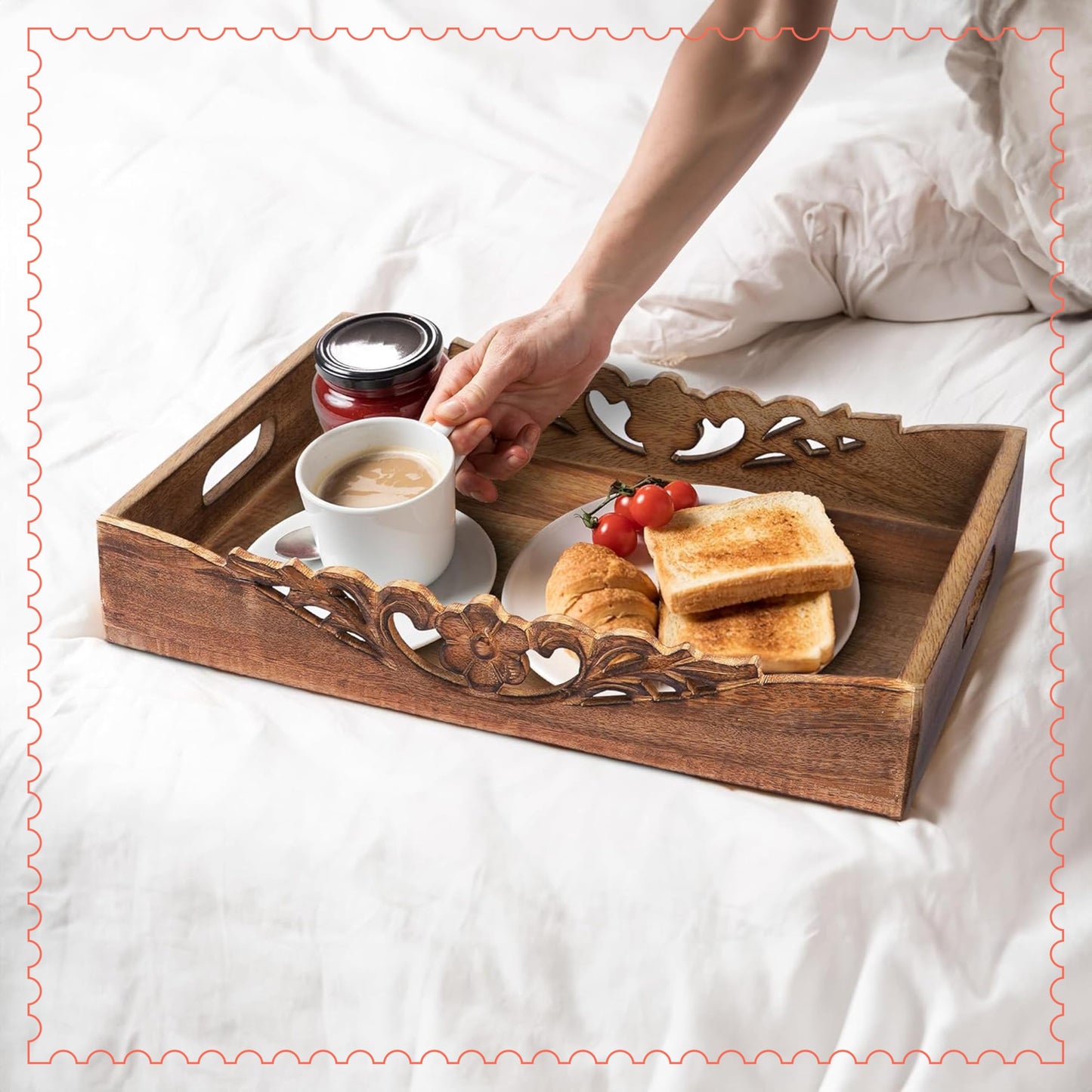 Mela Artisans 16” x 12” x 2.5” Mango Wood Serving Tray with Handles – Orchid Medium Burnt – Handcrafted Wooden Serving Board for Breakfast, Coffee & Home Décor
