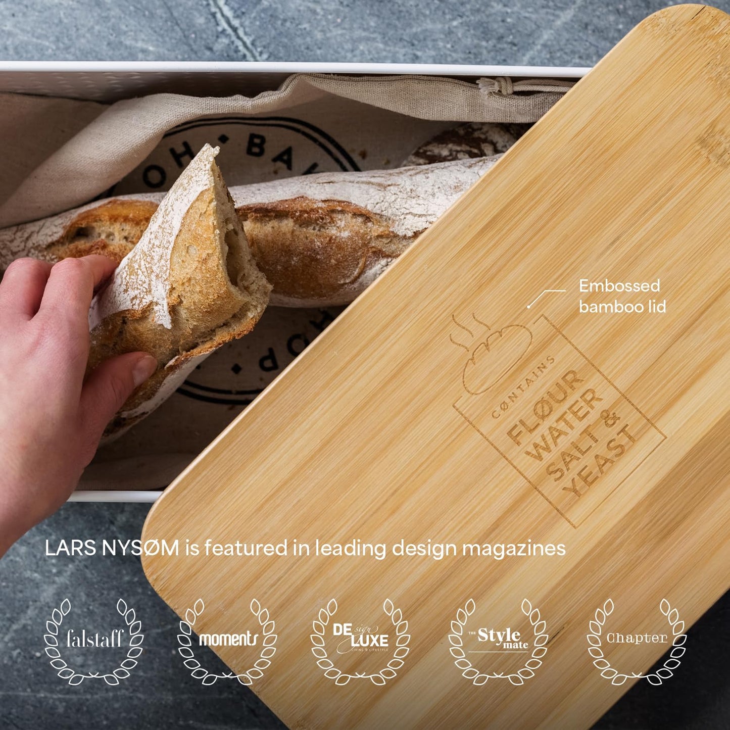 LARS NYSØM Bread Box I Metal Box for long lasting freshness I Bread Bin with bamboo lid usable as cutting board I 13.4x7.7x5.3In (Arctic White)