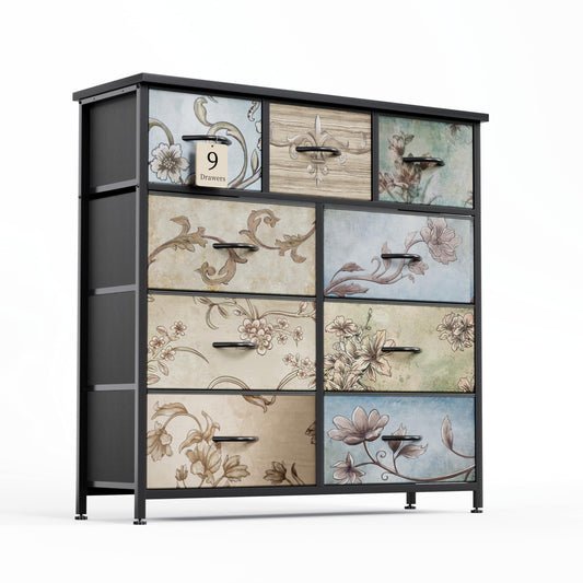 MUTUN Drawers Dresser for Bedroom,Wide Chest of Drawers for Closet, Clothes, TV Stand with Storage Drawers, Wood Board, Fabric Drawers,Floral Painted (9 Drawers)