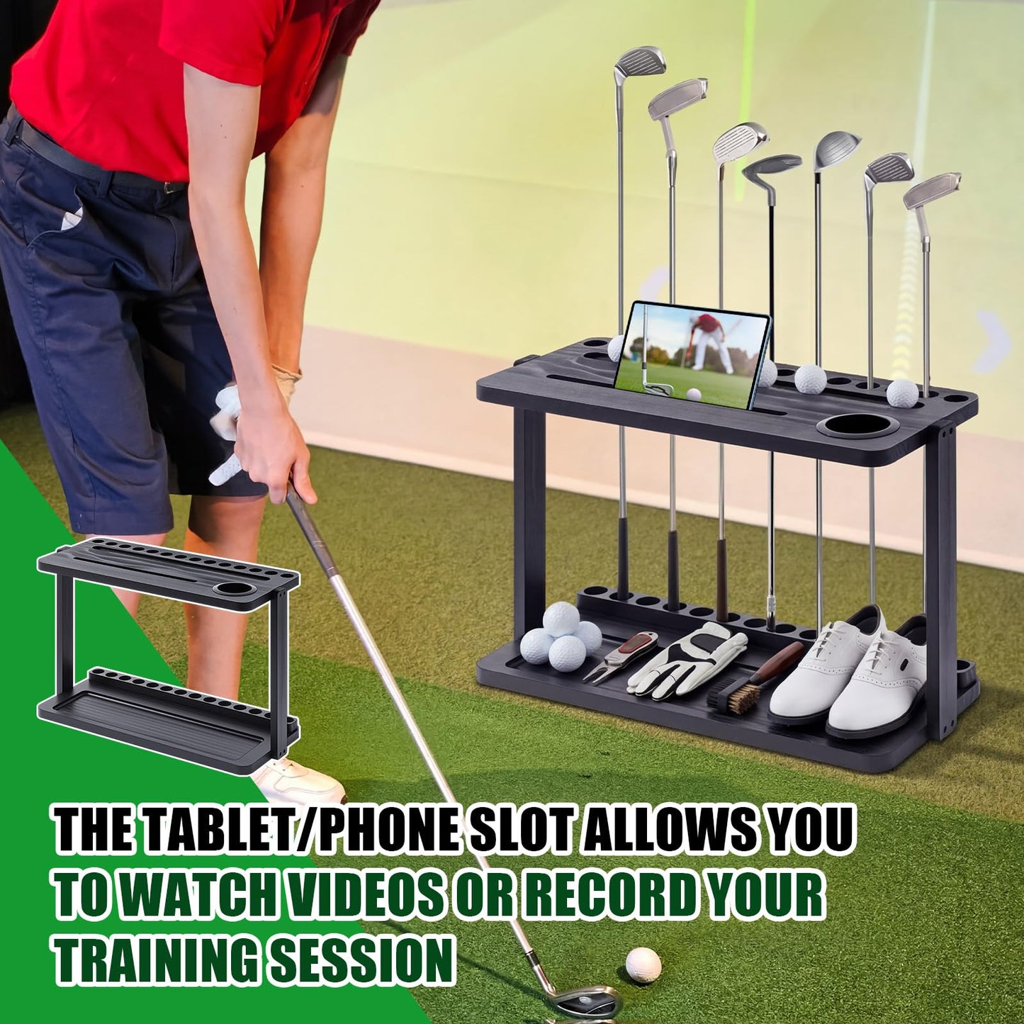 Wesiti Wooden Golf Club Holder Stand for 14 Clubs 15 Balls Golf Putter Stand for Indoor Home Office, 25.6 x 12 Inch
