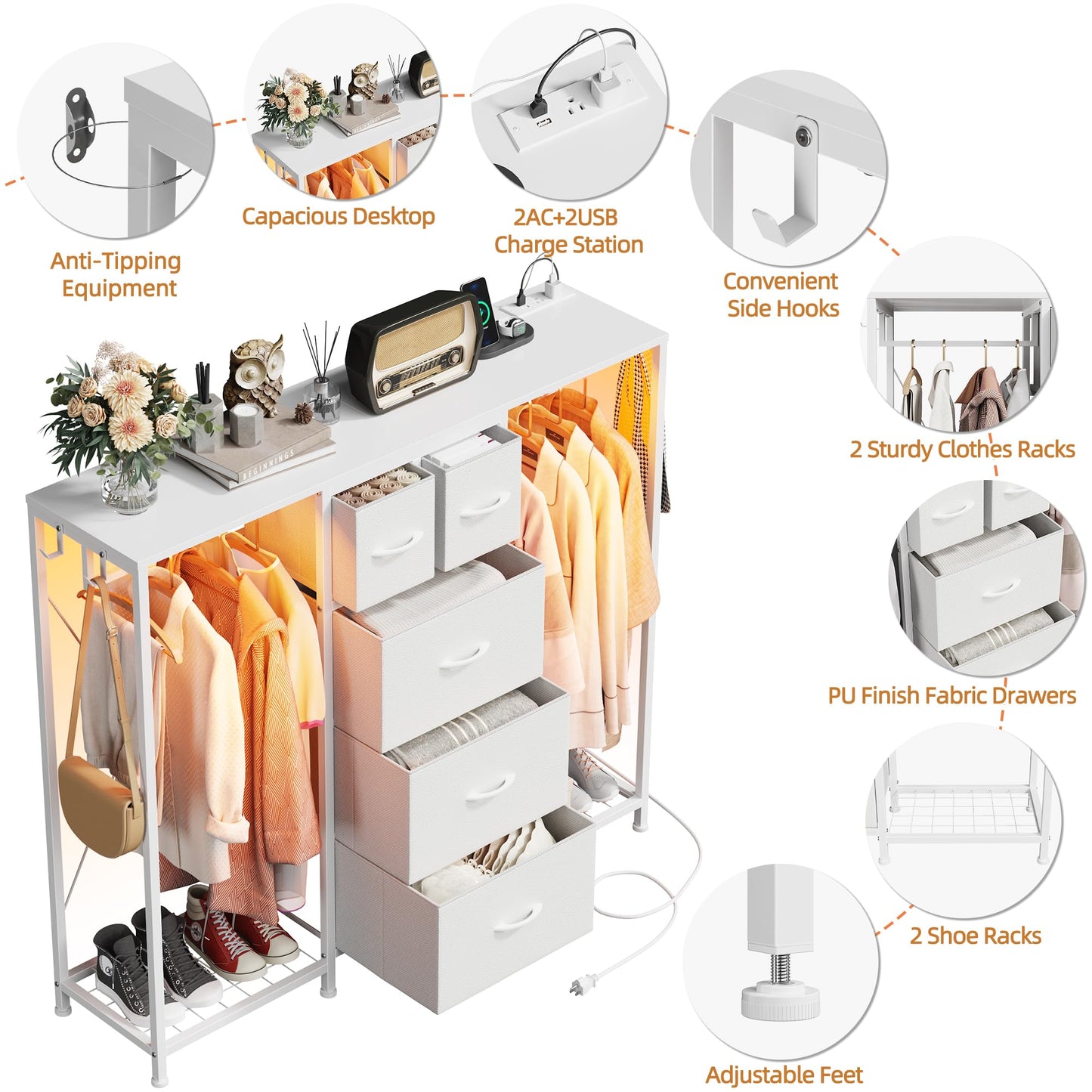 HIGDBFE 5-Drawer Dresser with 2 Hanging Racks, White, 49.2" W