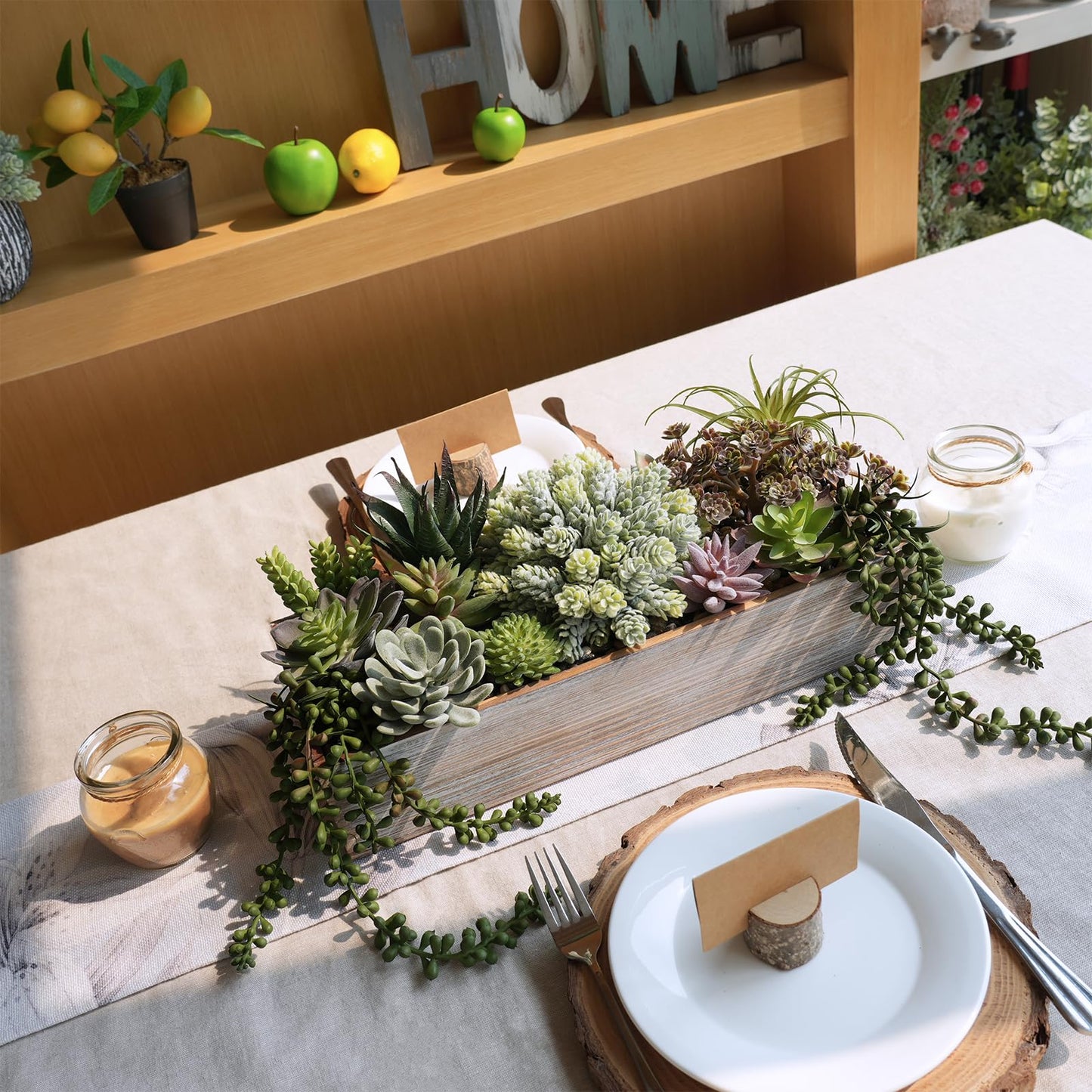 Winlyn 15" Artificial Succulents Plants Arrangement Fake Succulent Plants in Whitewashed Rectangular Wooden Planter Box Faux Potted Plant Decor for Home Windowsill Shelf Farmhouse Table Centerpiece