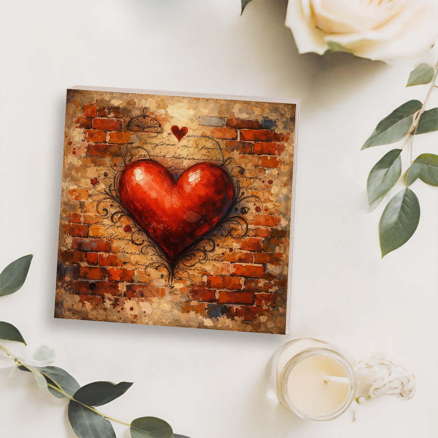 Heart Wooden Block Sign, Romantic Urban Art Wood Decor, Love Inspired Shelf Sitter Home Table Mantel Tiered Tray Accent, Meaningful Gift for Couple