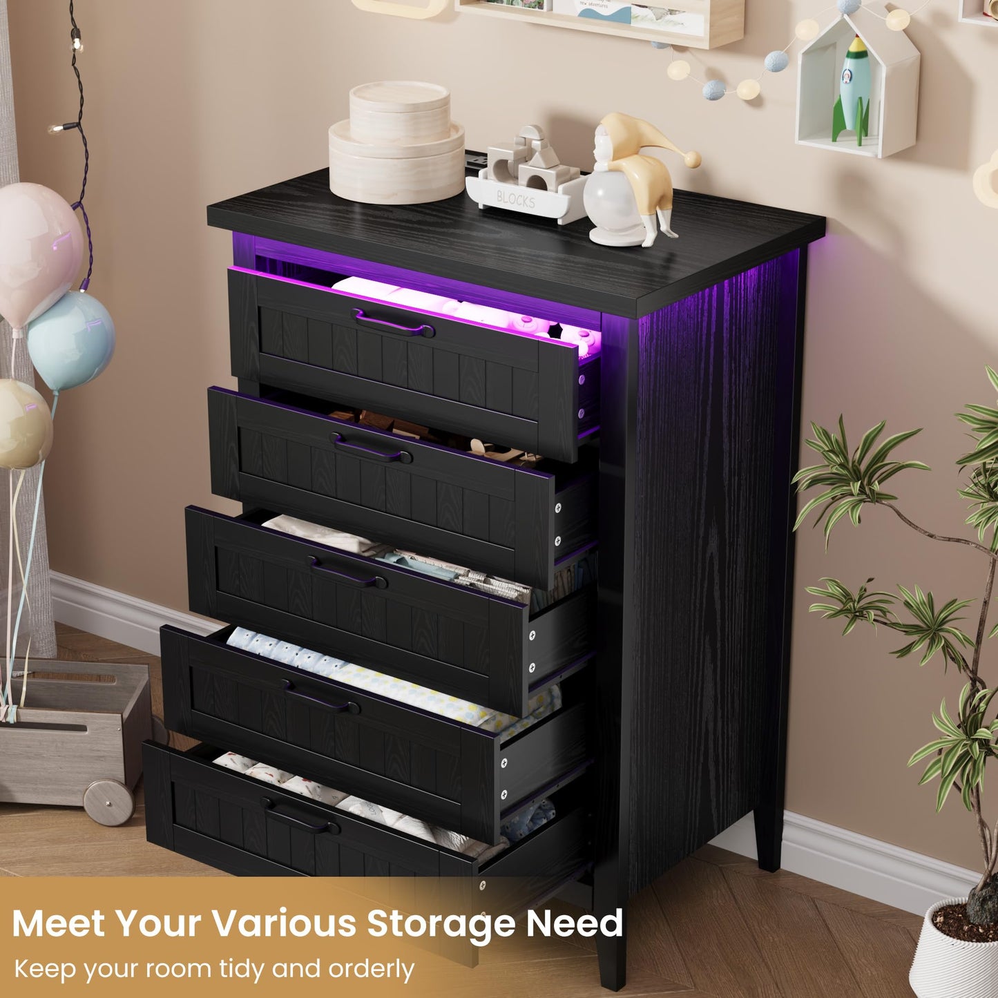 IDEALHOUSE 44.9'' Tall 5 Drawer Dresser with Charging Station & LED Lights