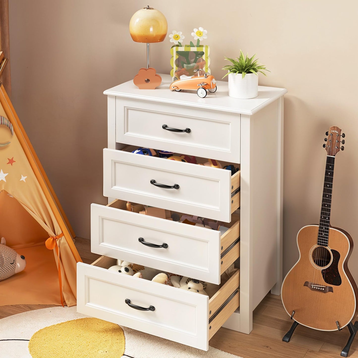 Gizoon Dresser for Bedroom with 4 Drawers Wooden Chest of Drawers for Closet Dresser Storage Unit Organizer for Hallway Living Room and Office, White, Painted