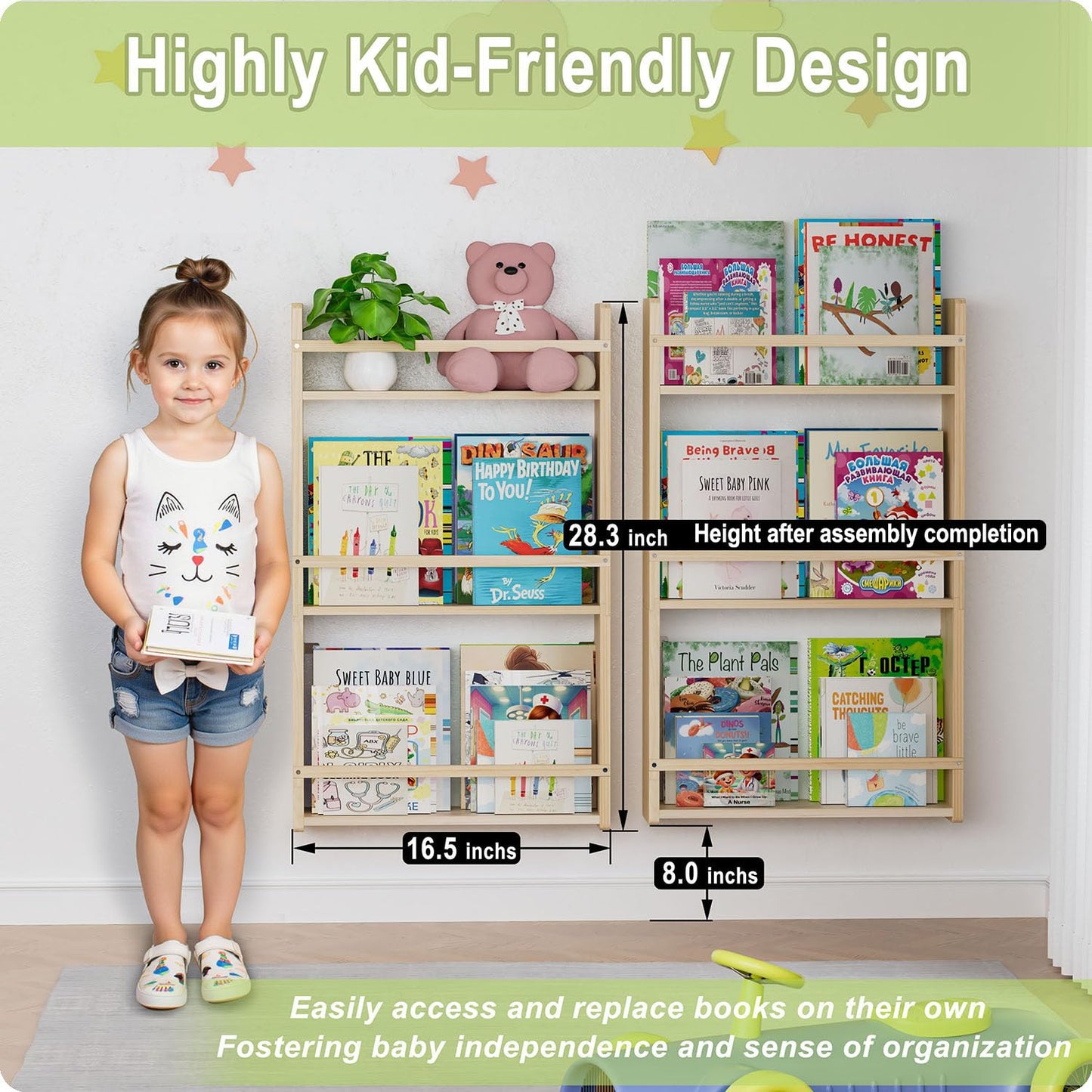 Bidami Wall Bookshelf for Kids, 3 Tier Kids Bookshelf Wall, 16.5 inch Floating Book Shelves for Nursery, Great for Bedroom, Living Room, Play Room and Nursery.